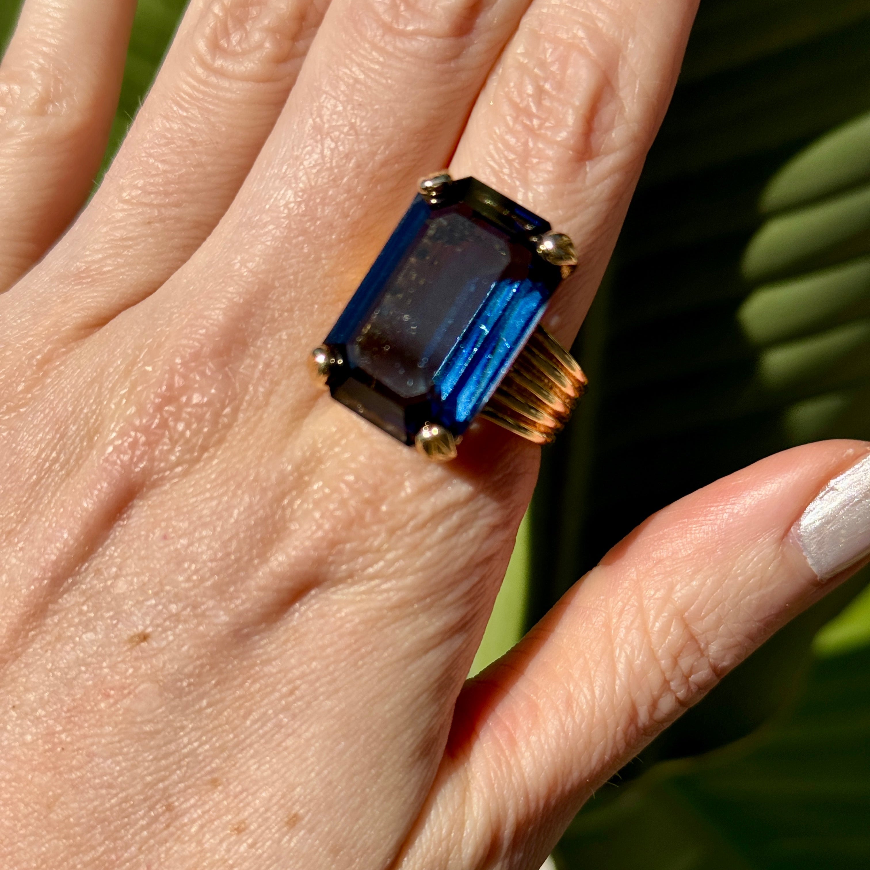 Huge Vintage Dark Blue Crystal Cocktail Ring Sizes 9, 9.5