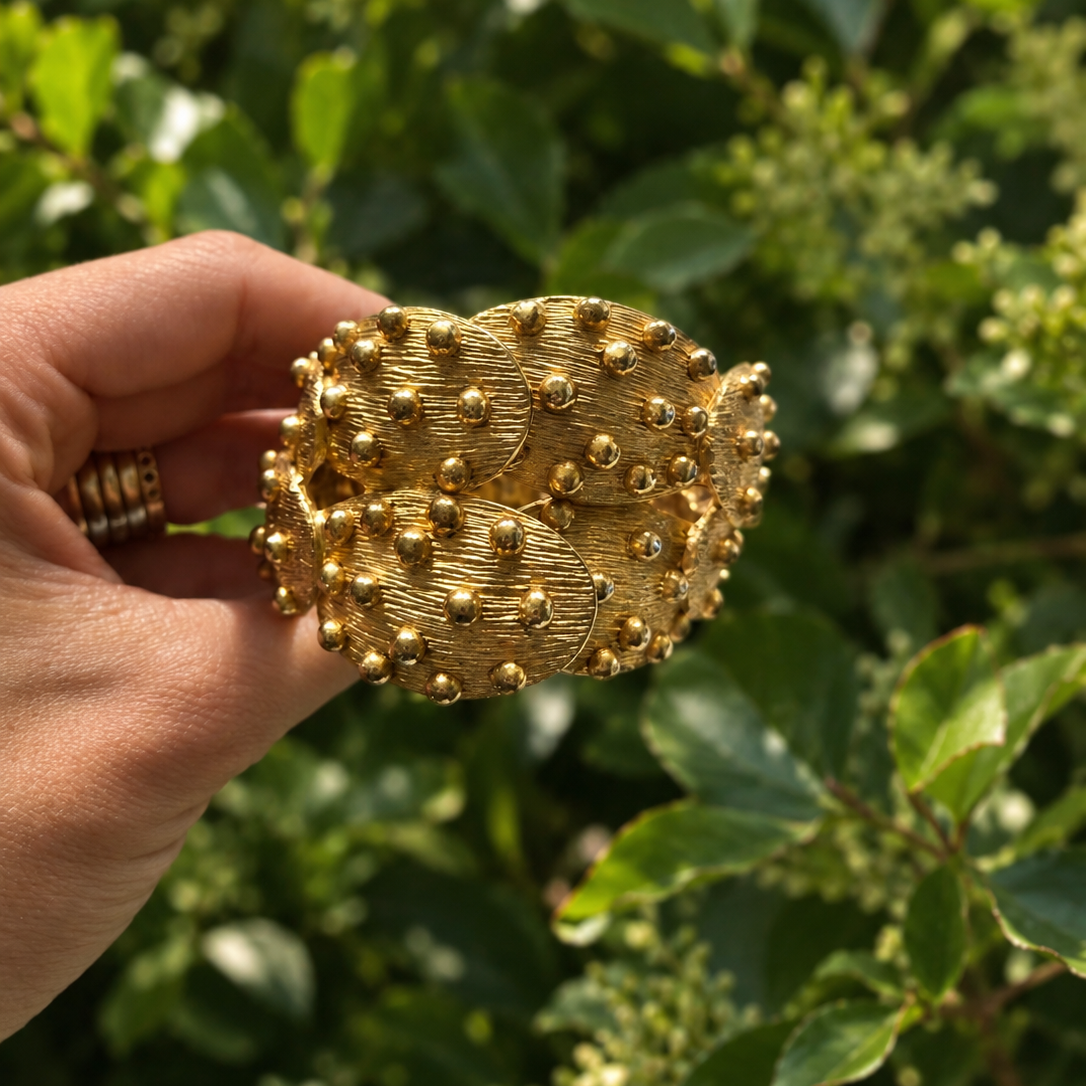 Vintage Gold-Tone Textured Wide Hinged Cuff Bracelet