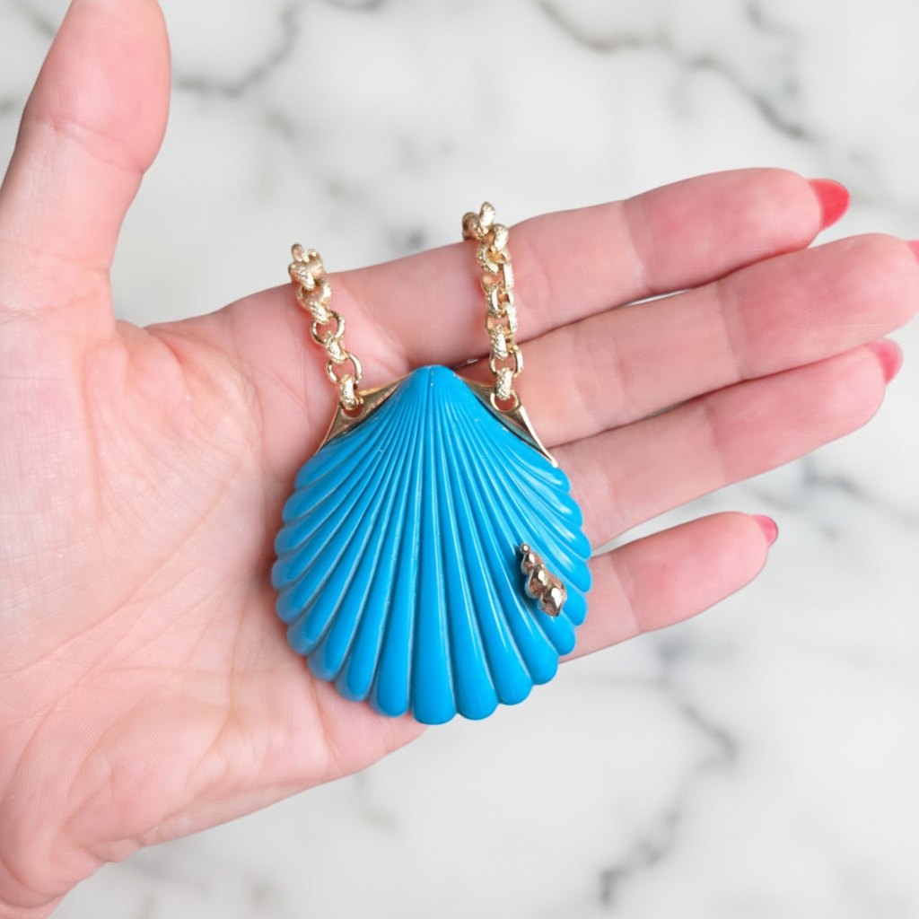 Vintage 60s Orena Paris Blue Shell Pendant Necklace