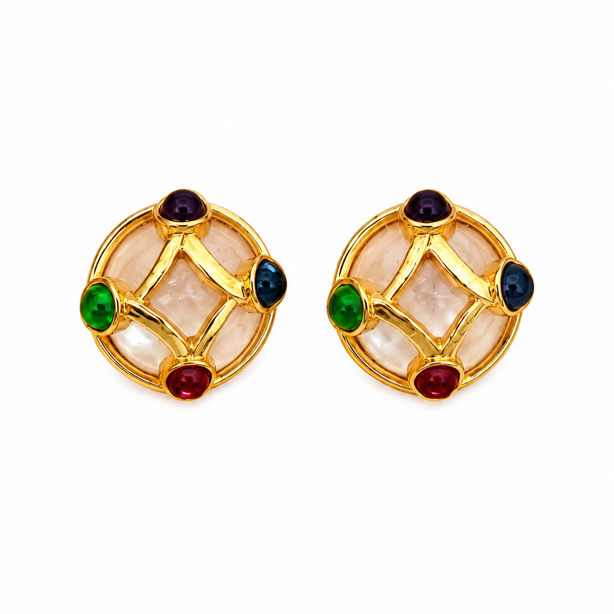 80s Pearl Earrings with Colored Glass Cabochons