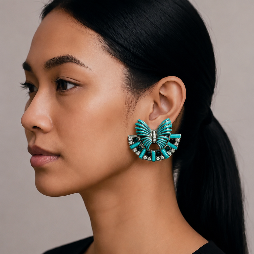 Vintage French Silver & Turquoise Butterfly Earrings
