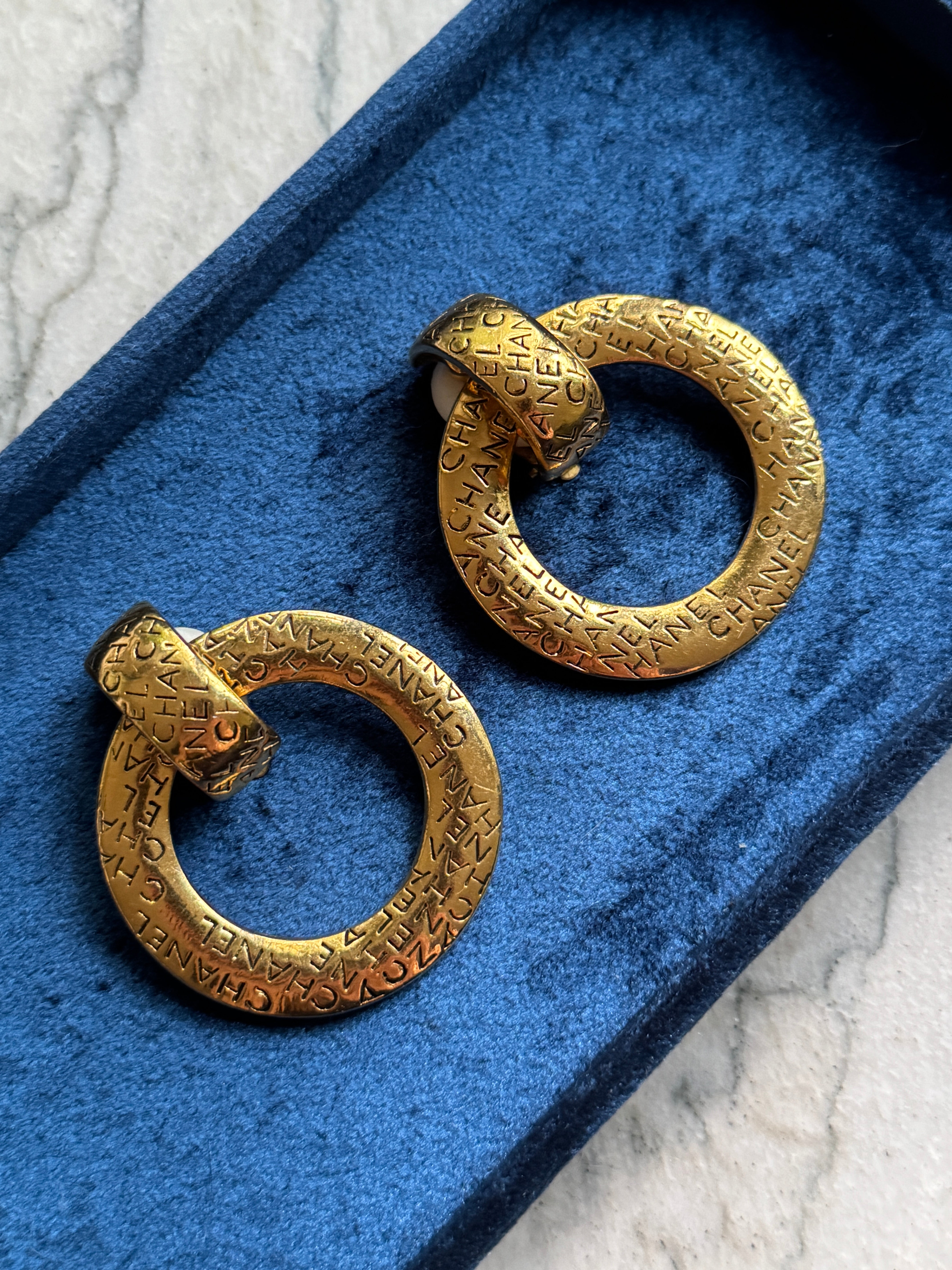 Vintage Chanel Large Gold Logo Hoop Earrings