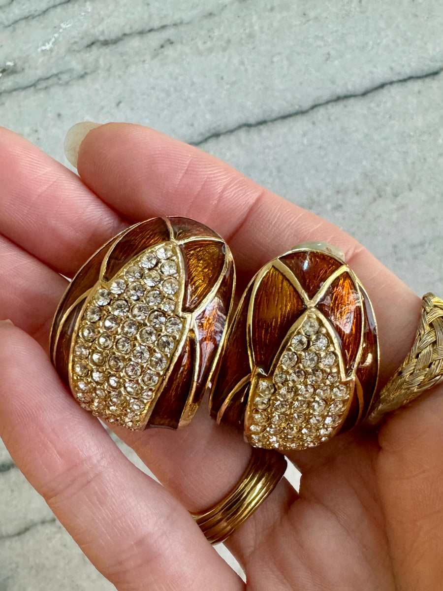 70s CINER Brown Enamel & Rhinestone Pave Gold Hoop Earrings