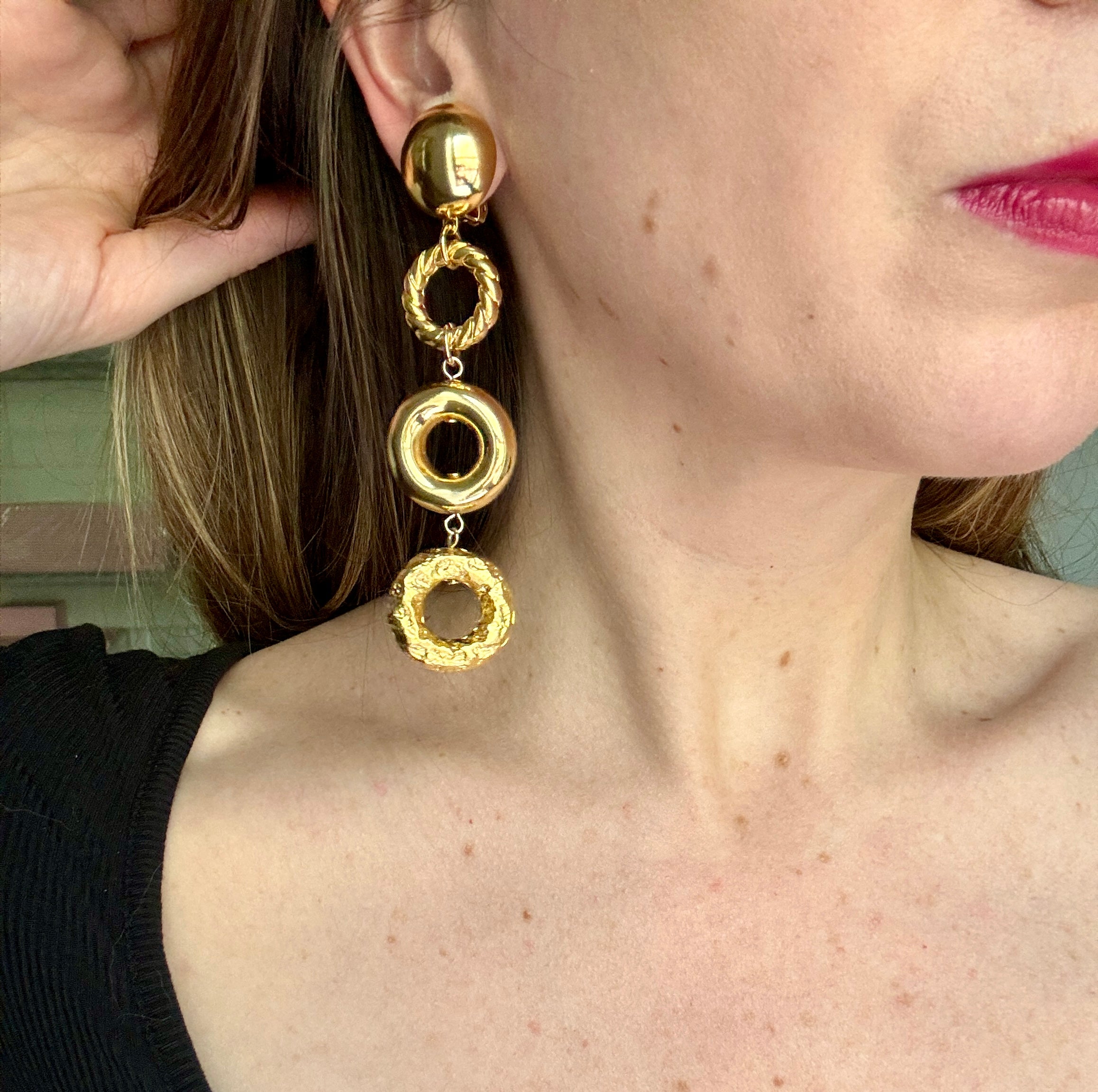 Gold Circle Dangle Clip On Earrings