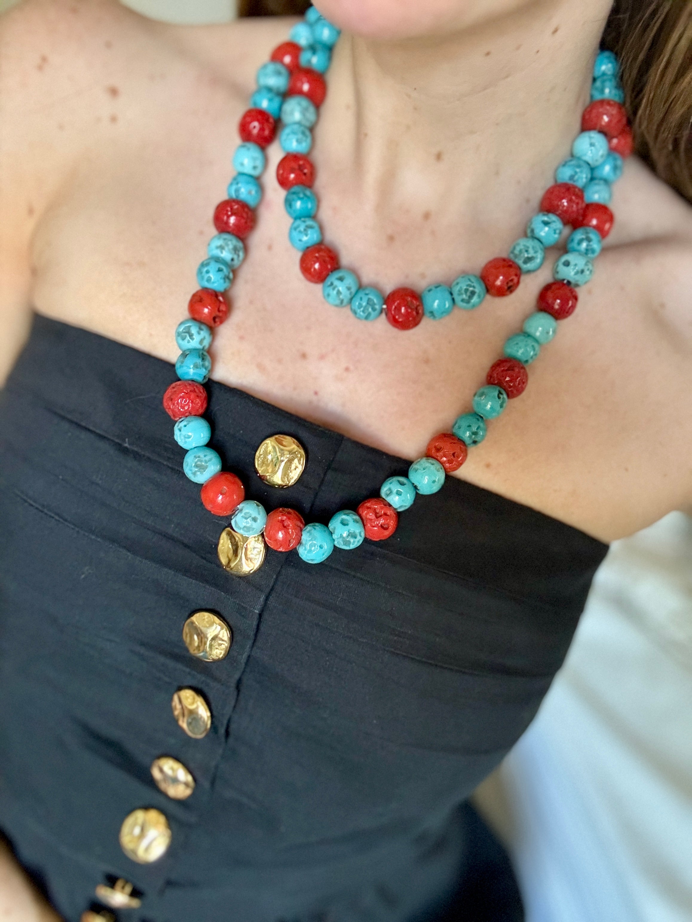 Vintage French Turquoise and Red Coral GlassDouble Strand Necklace
