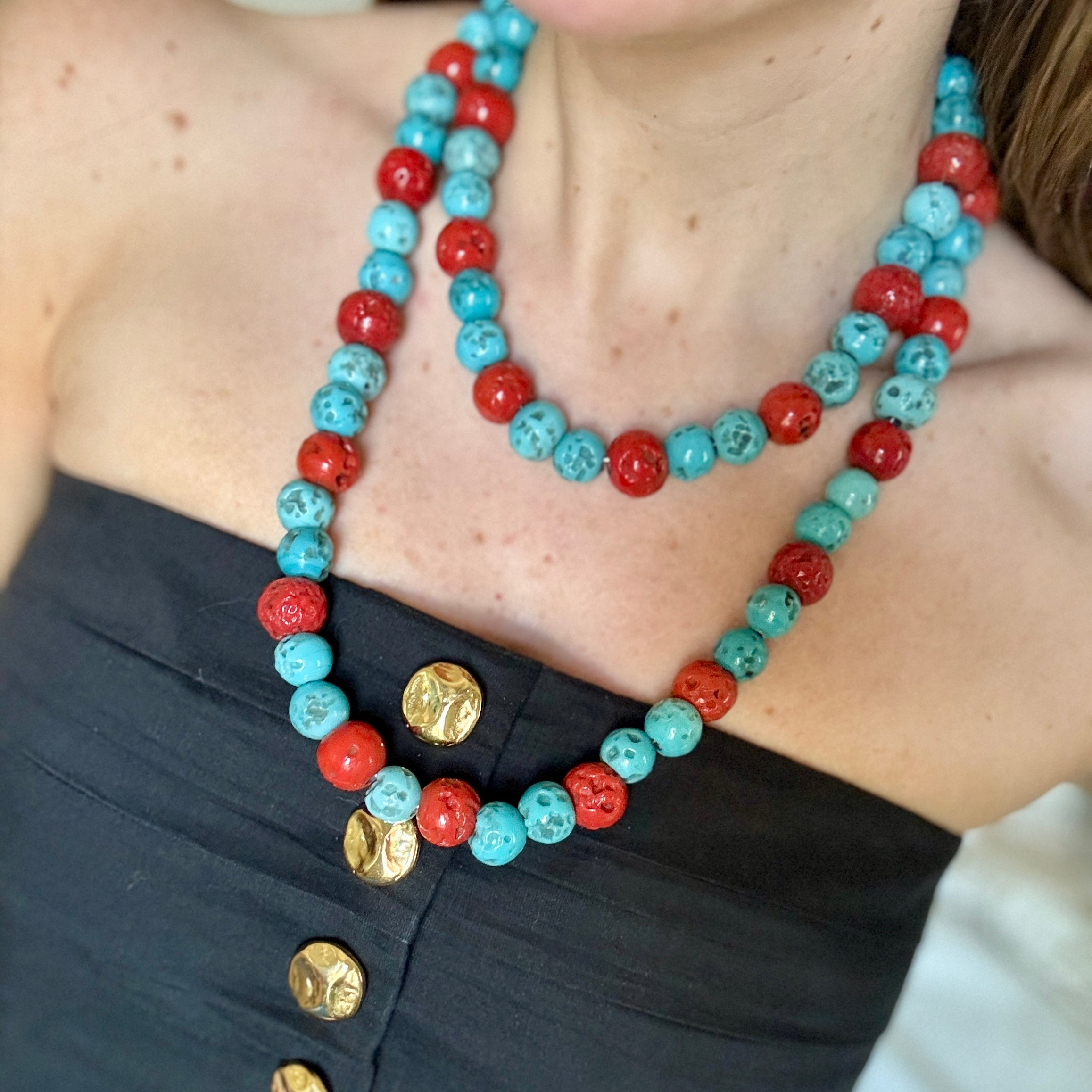 Vintage French Turquoise and Red Coral GlassDouble Strand Necklace