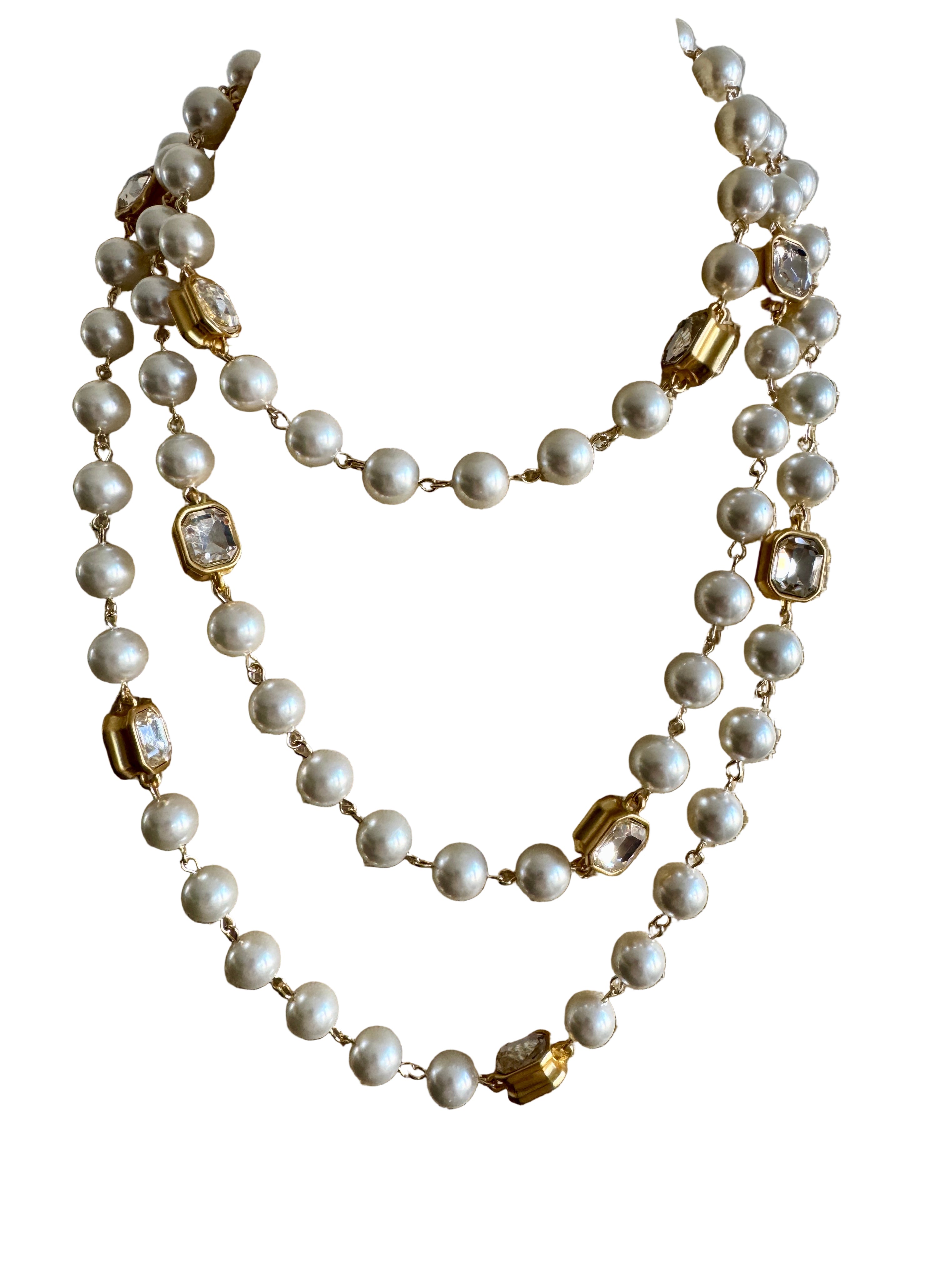Extra Long French Faux Pearl Crystal Necklace