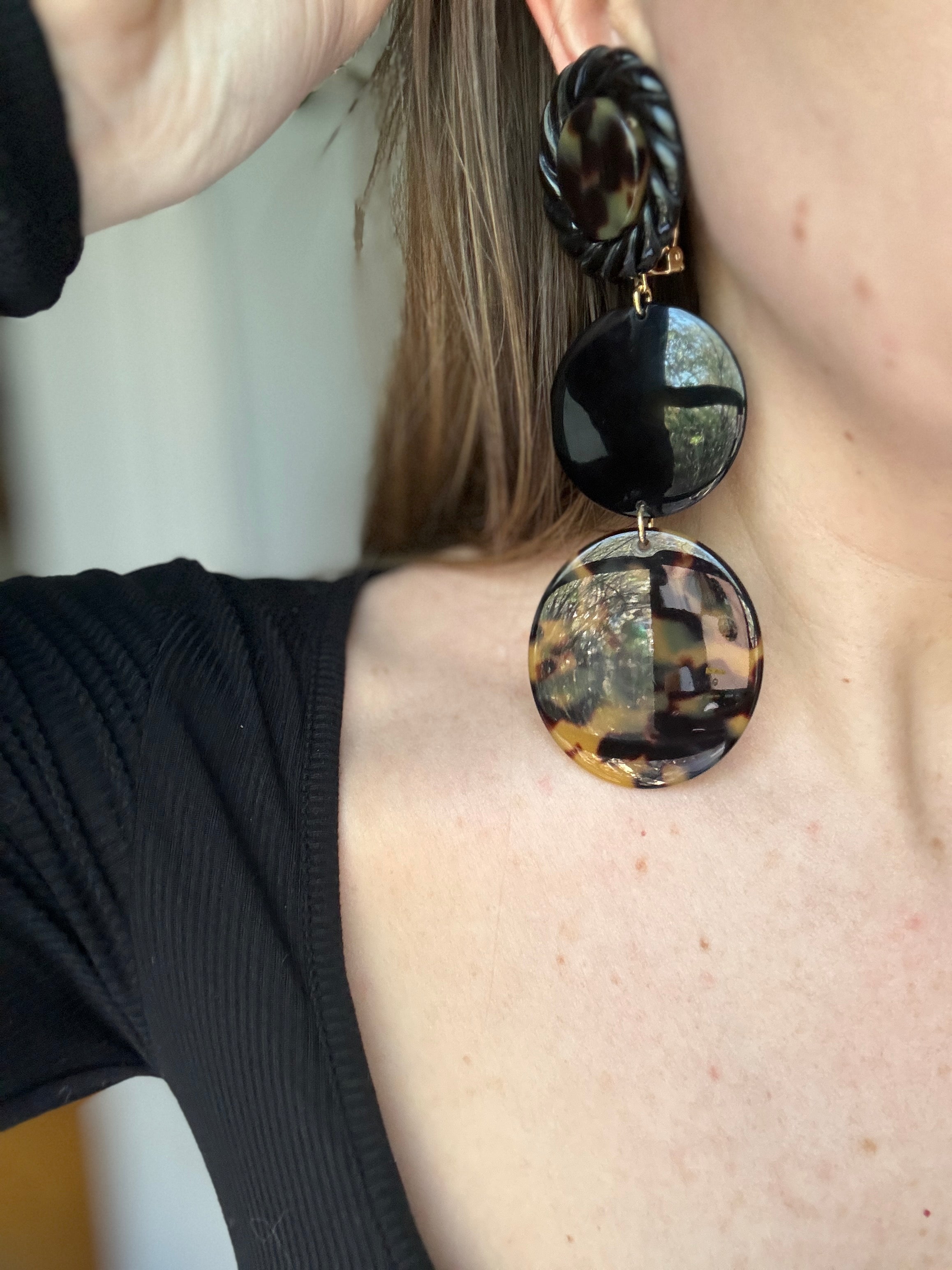 Tortoise and Black Resin Shoulder Duster Earrings