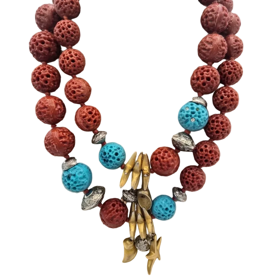 Vintage Carved Faux Coral and Shell Charms Necklace
