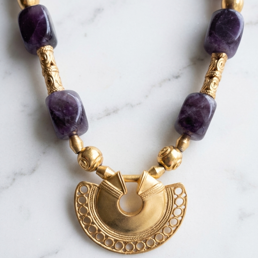 Vintage Etruscan Amethyst Necklace With Gold Pendant
