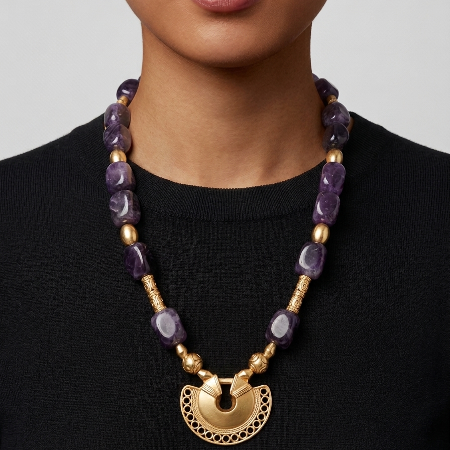 Vintage Etruscan Amethyst Necklace With Gold Pendant