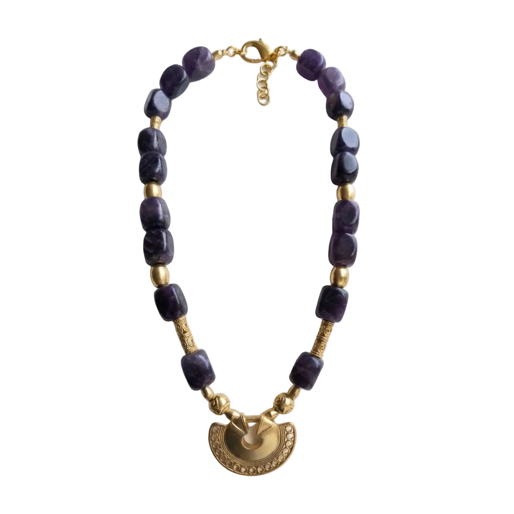 Vintage Etruscan Amethyst Necklace With Gold Pendant