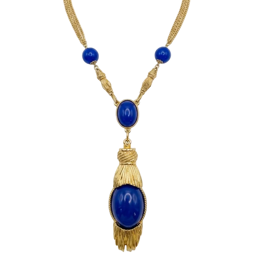 Vintage 60s Blue Tassel Pendant Necklace