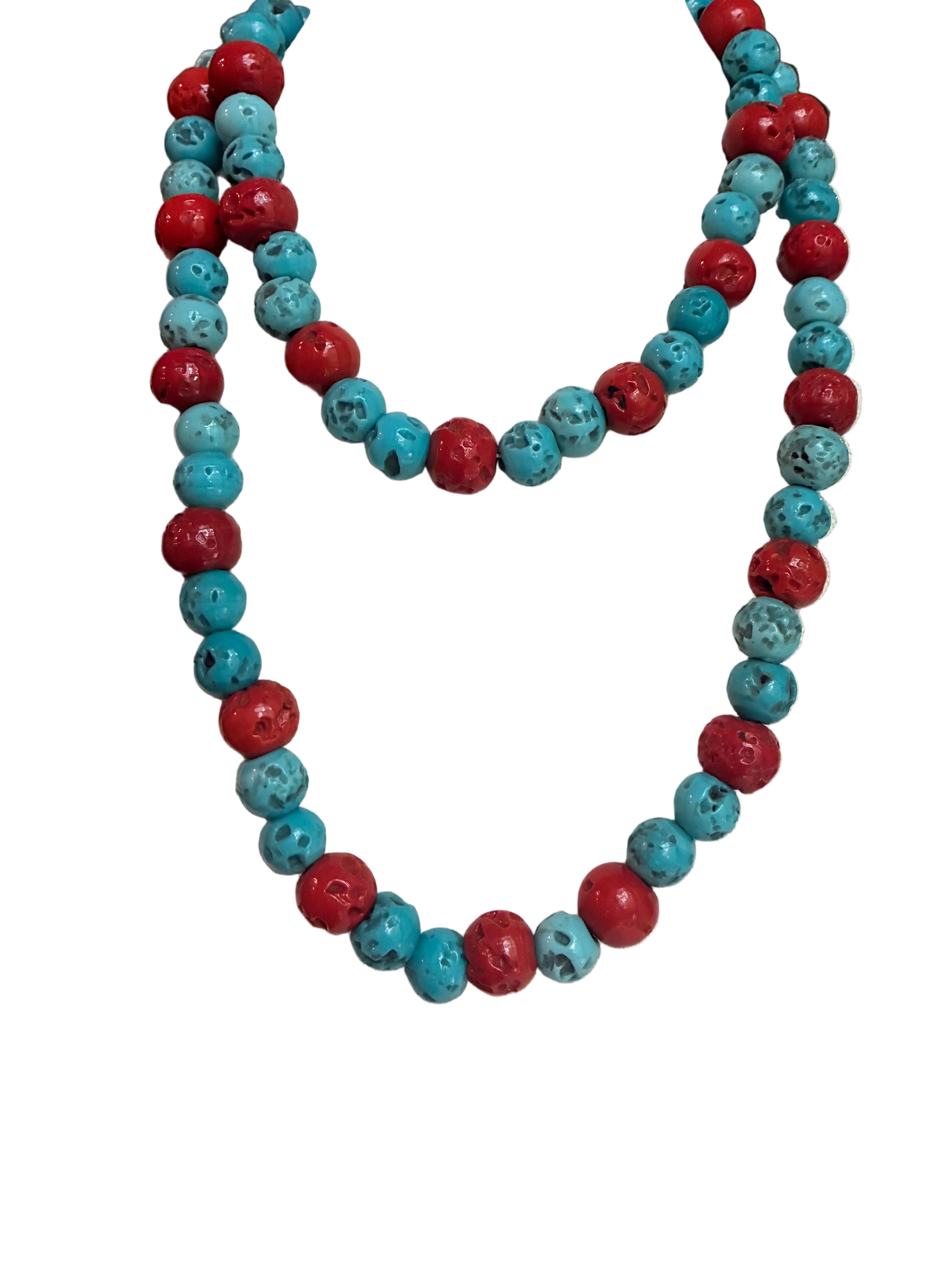 Vintage French Turquoise and Red Coral GlassDouble Strand Necklace