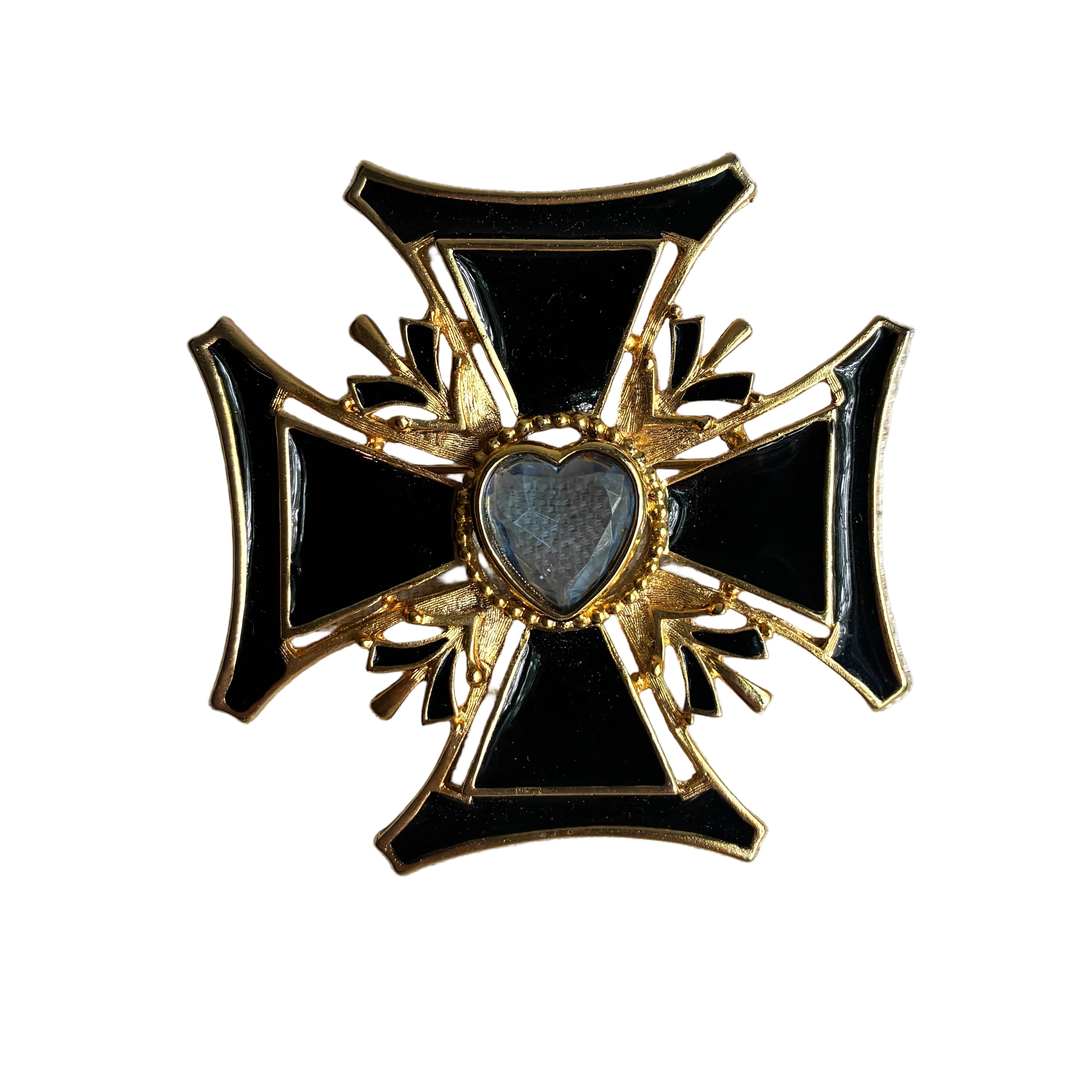 Vintage Black Enamel Maltese Cross Brooch with Blue Crystal Heart