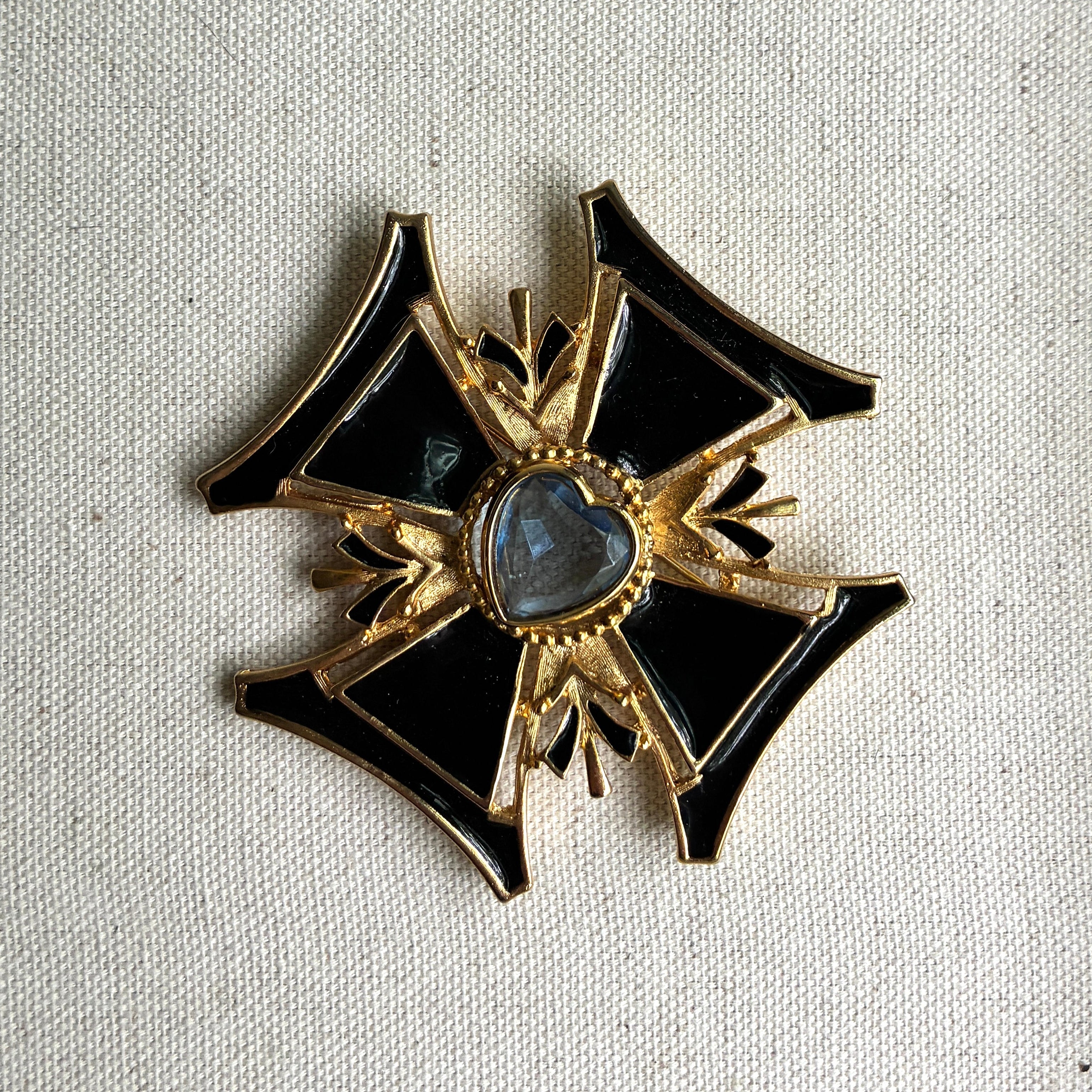 Vintage Black Enamel Maltese Cross Brooch with Blue Crystal Heart