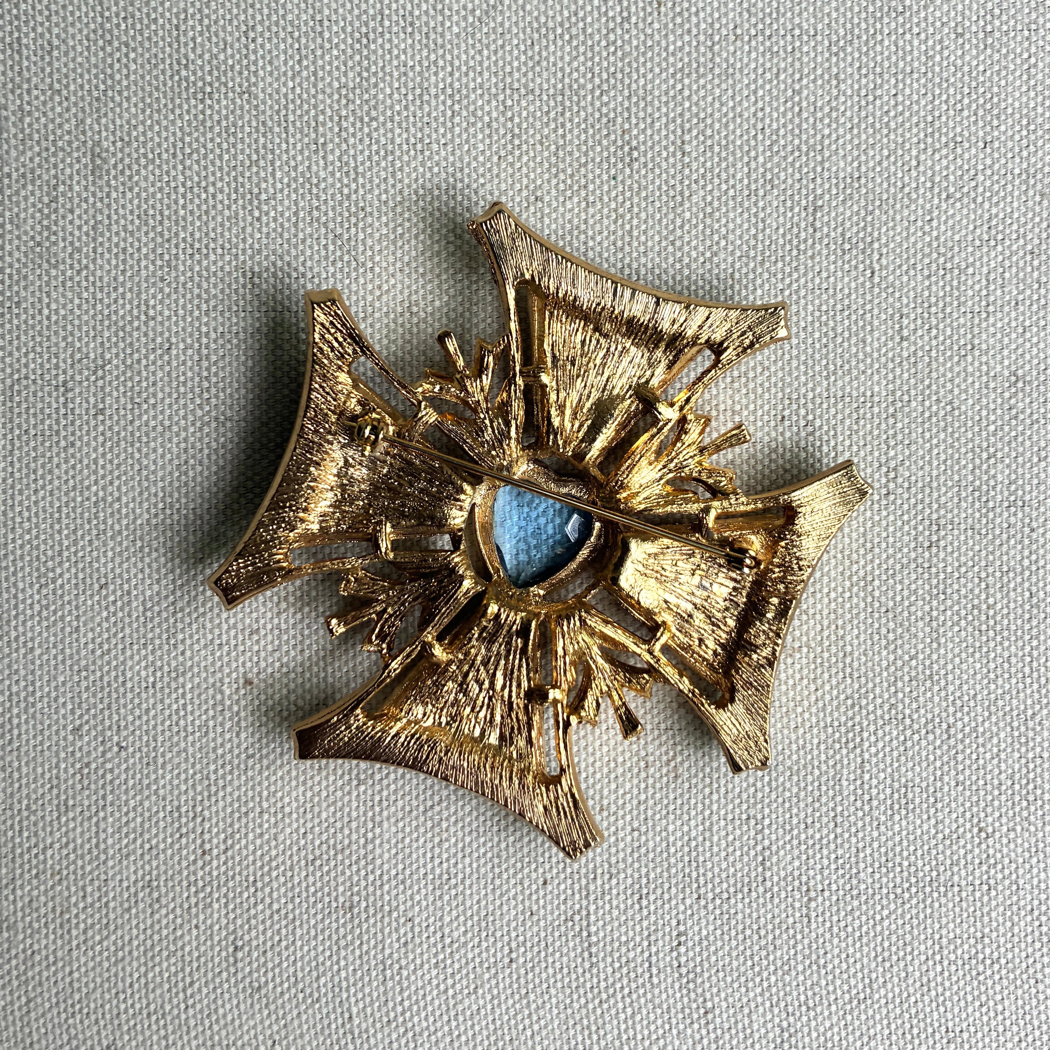Vintage Black Enamel Maltese Cross Brooch with Blue Crystal Heart