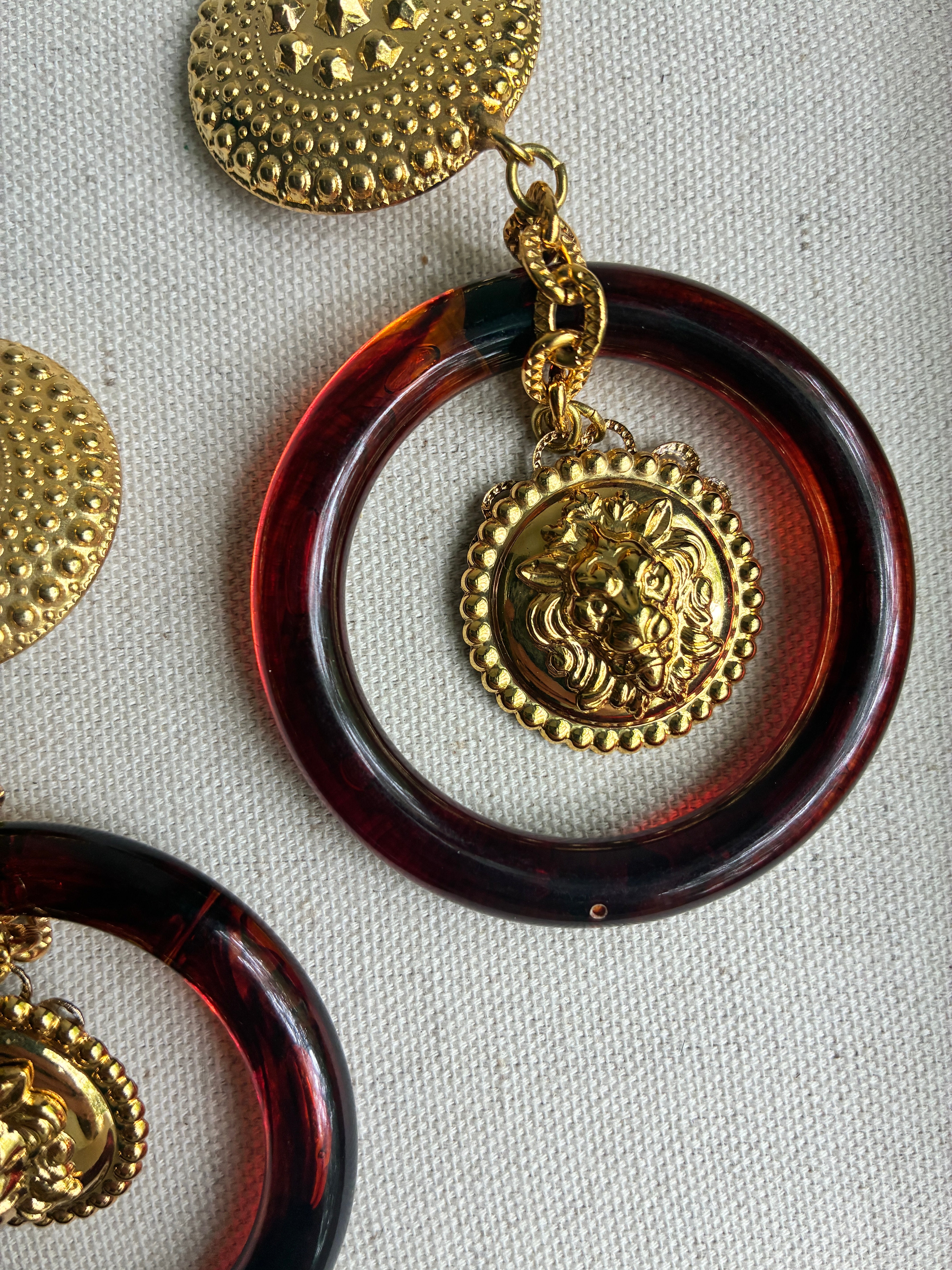 Vintage Italian Tortoise Hoops with Lion Charms