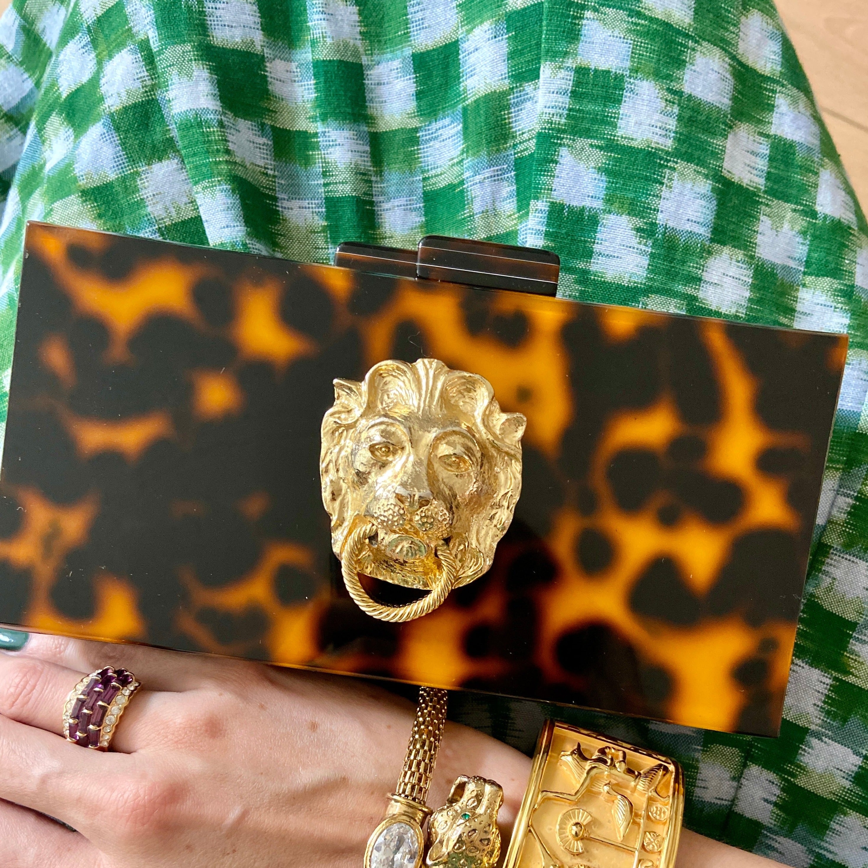 Gold Lion Tortoise Lucite Box Clutch