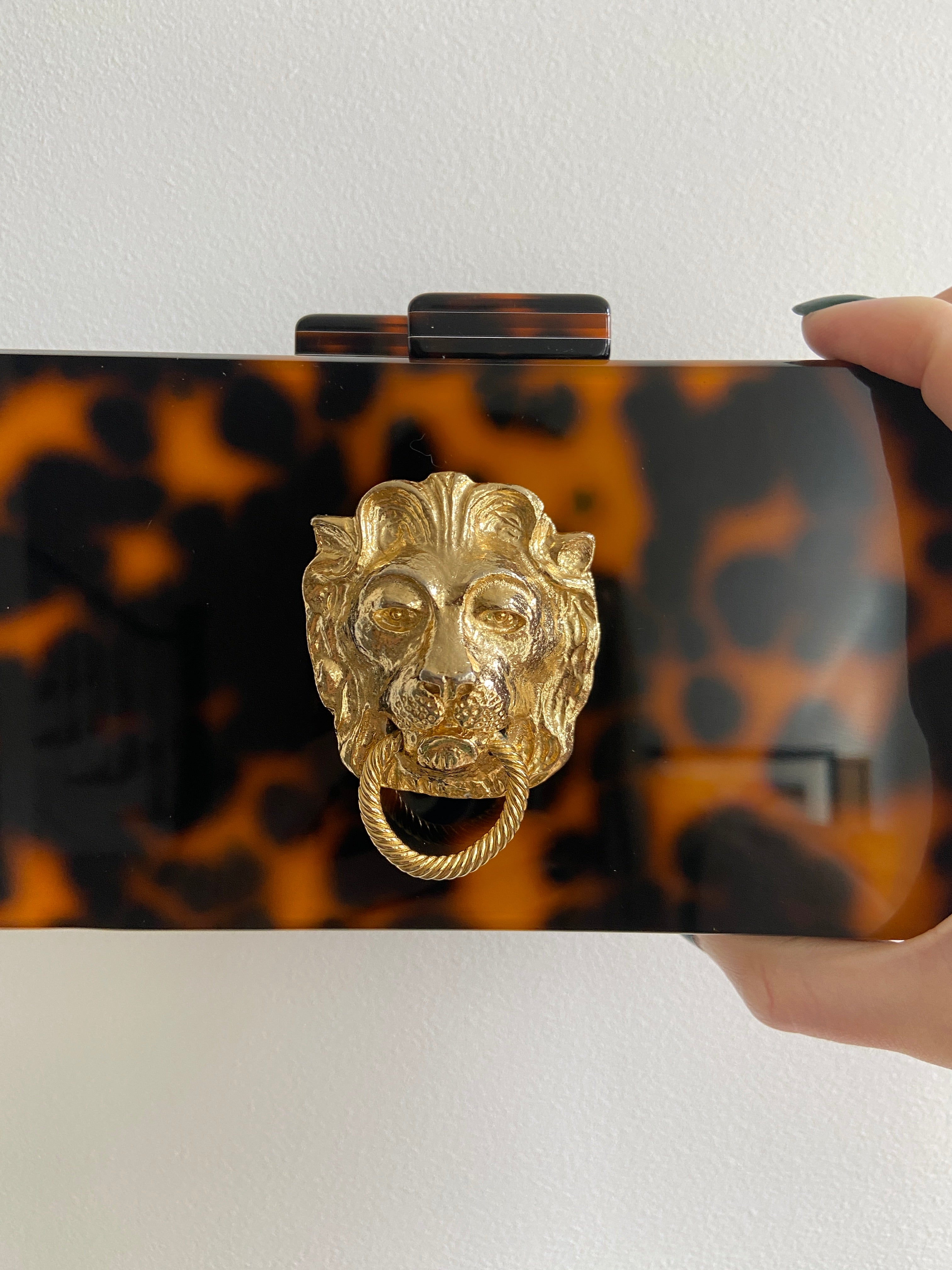 Gold Lion Tortoise Lucite Box Clutch