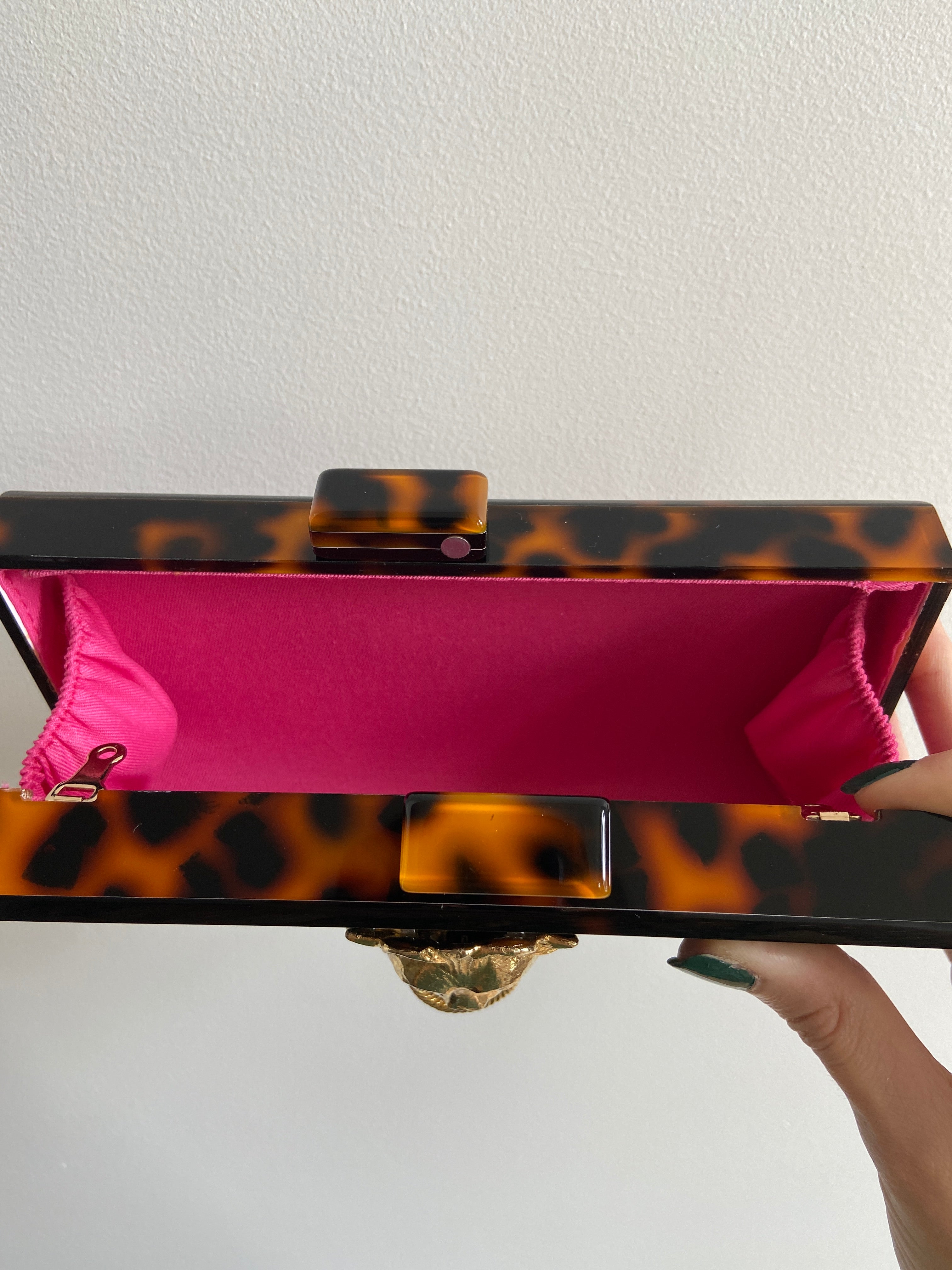 Gold Lion Tortoise Lucite Box Clutch