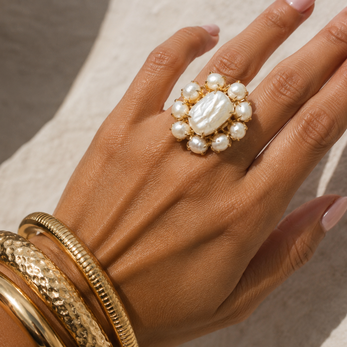 Adjustable French Pearl Amythest, Tigers Eye  Stone Cocktail Ring