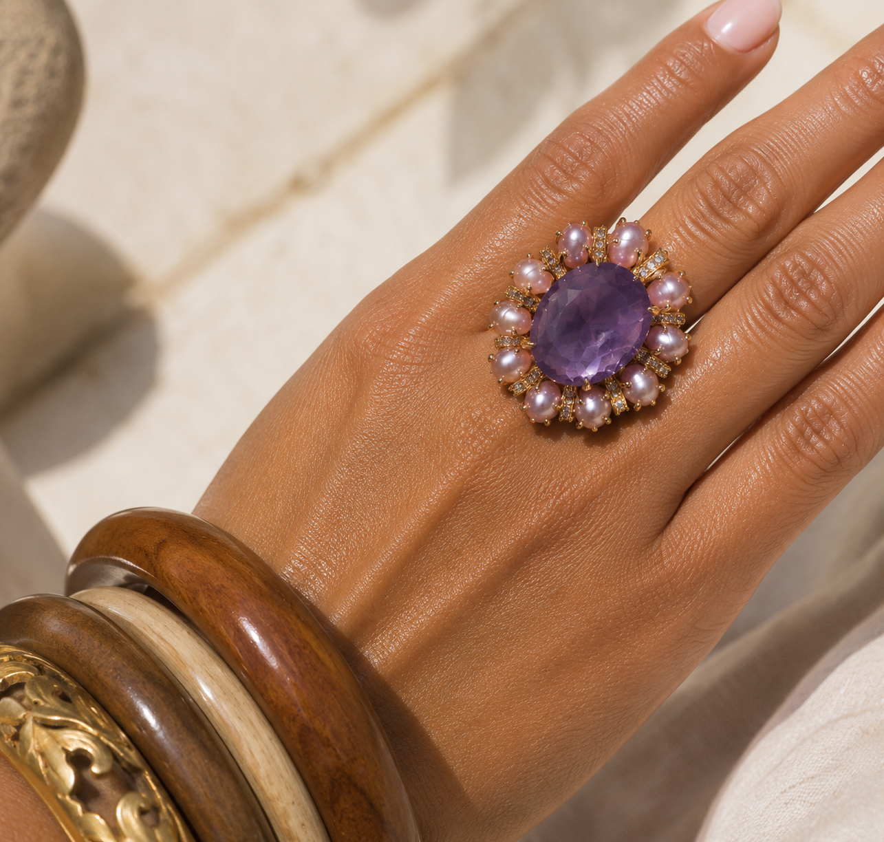 Adjustable French Pearl Amythest, Tigers Eye  Stone Cocktail Ring