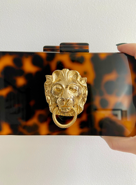 Gold Lion Tortoise Lucite Box Clutch