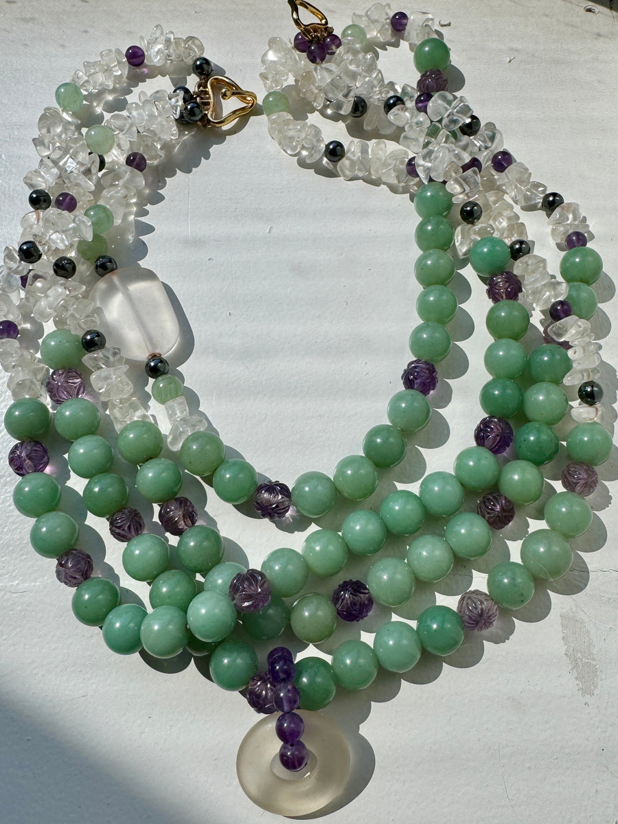 Carved Amethyst Rock Crystal Green Aventurine Statement Necklace