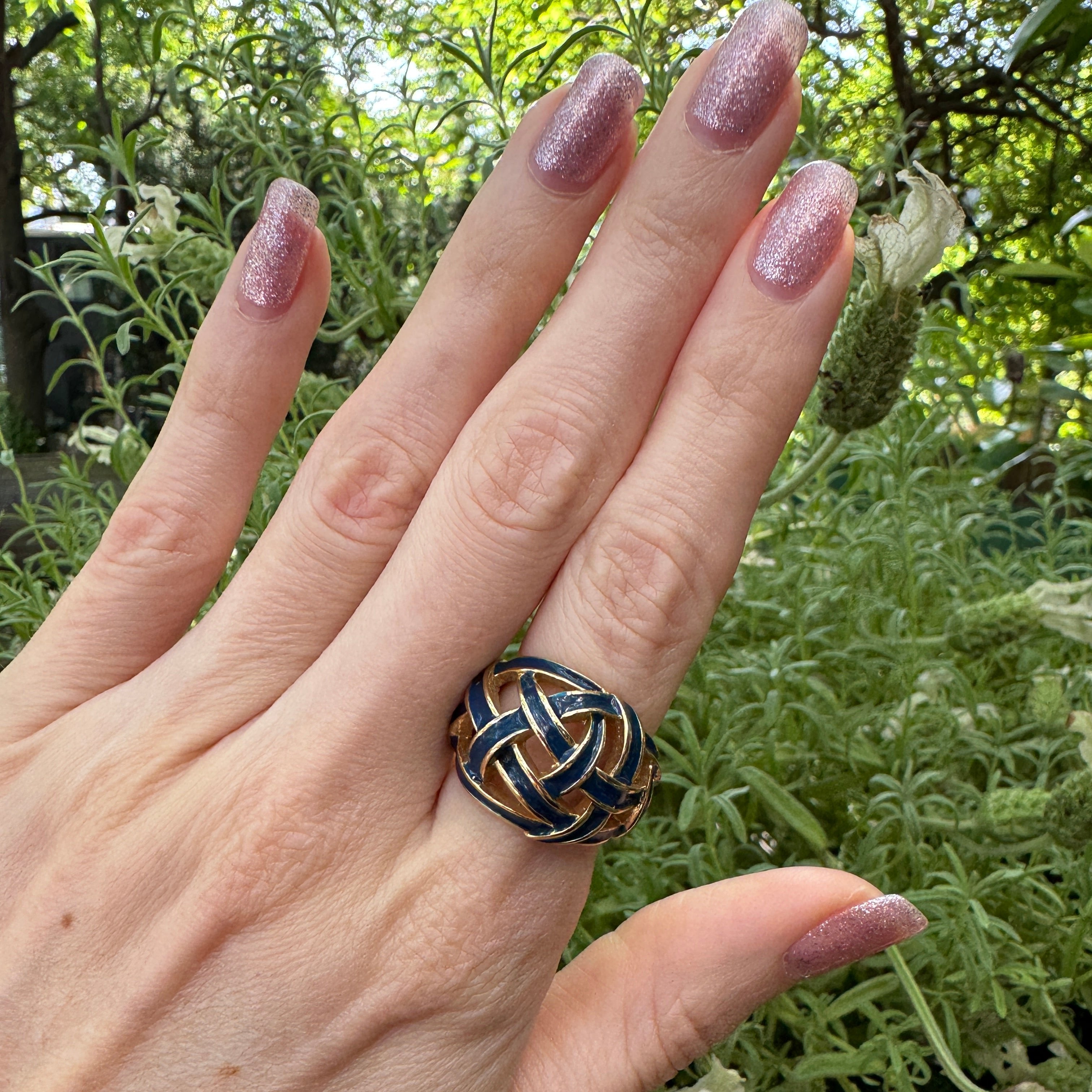 Blue Enamel Woven Gold Plate Ring Size 6.5