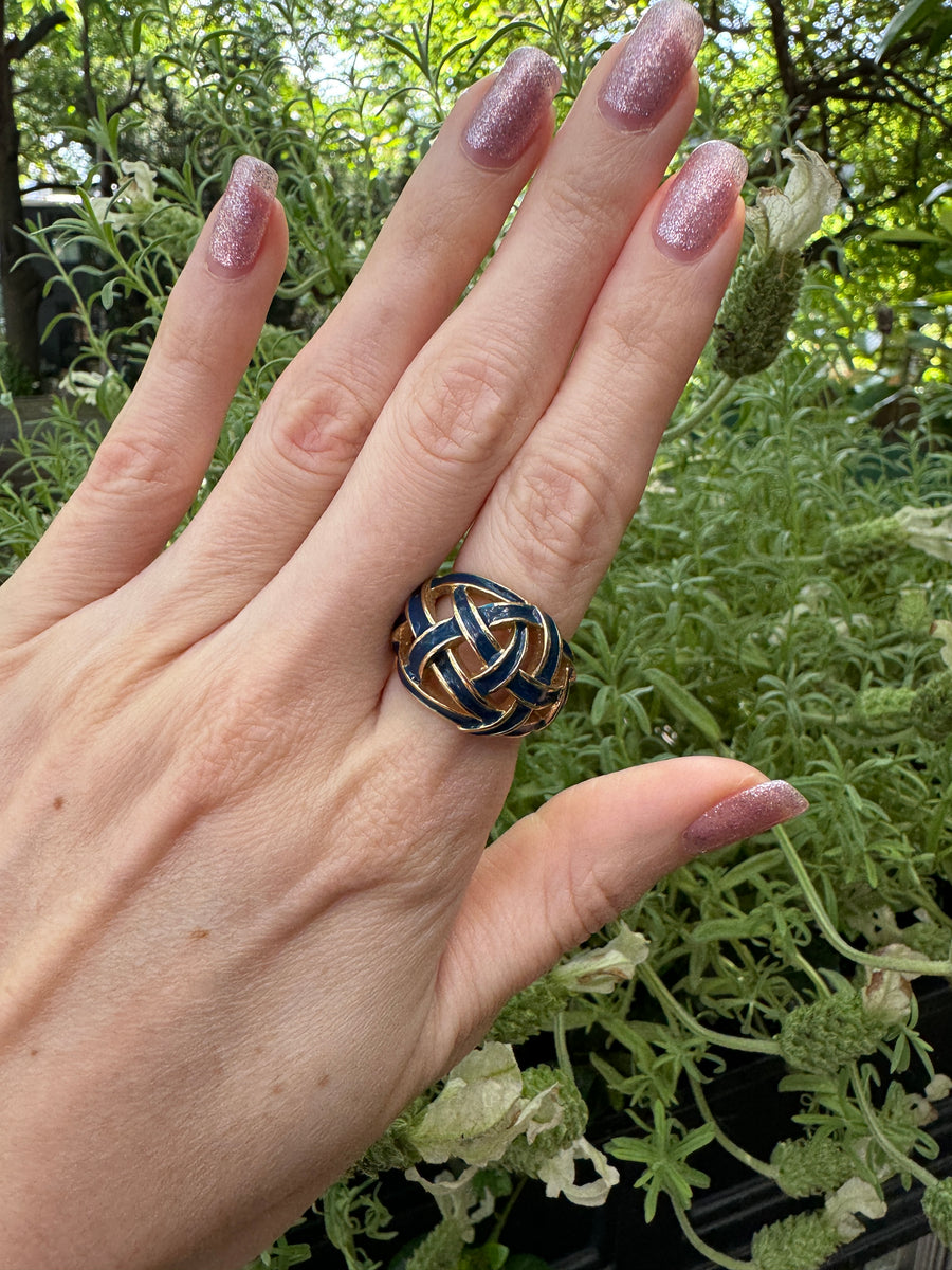 80s Blue Enamel Woven Gold Plate Ring Size 6.5