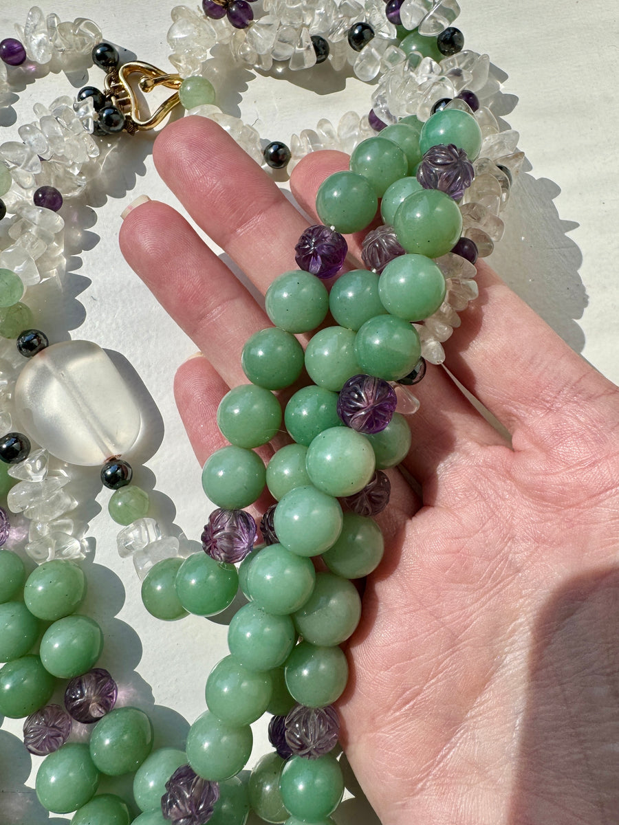 Carved Amethyst Rock Crystal Green Aventurine Statement Necklace