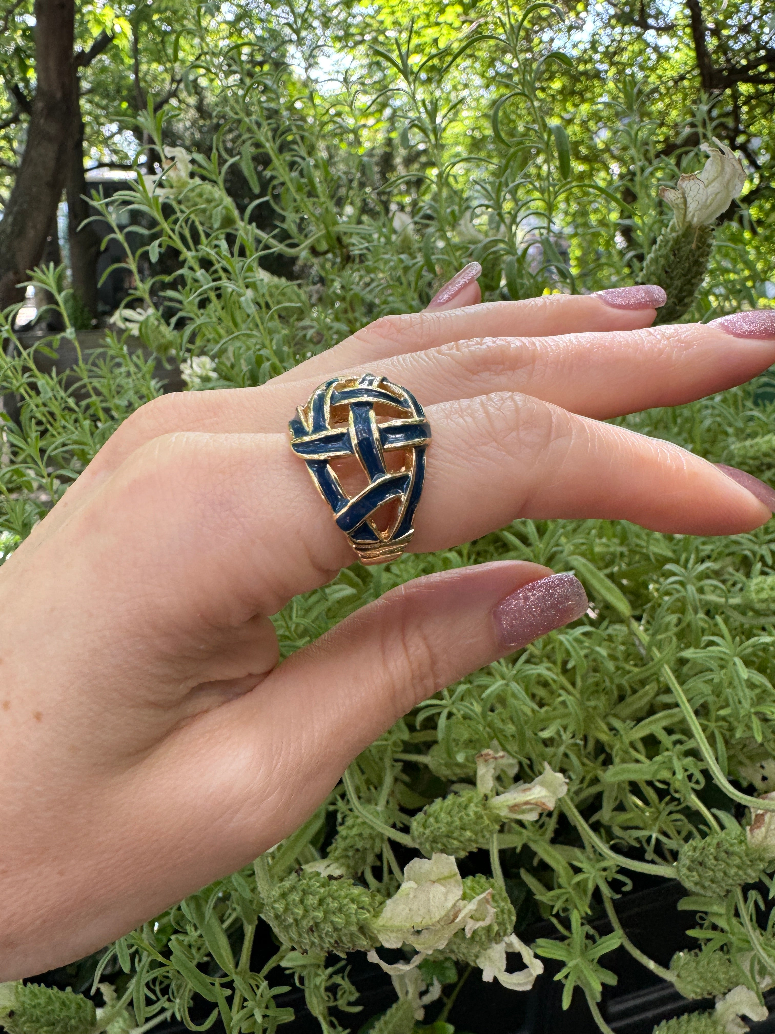 Blue Enamel Woven Gold Plate Ring Size 6.5