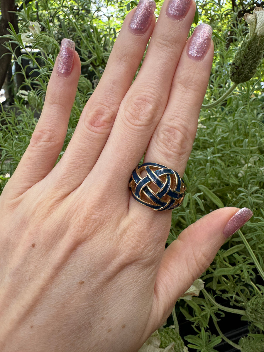 80s Blue Enamel Woven Gold Plate Ring Size 6.5