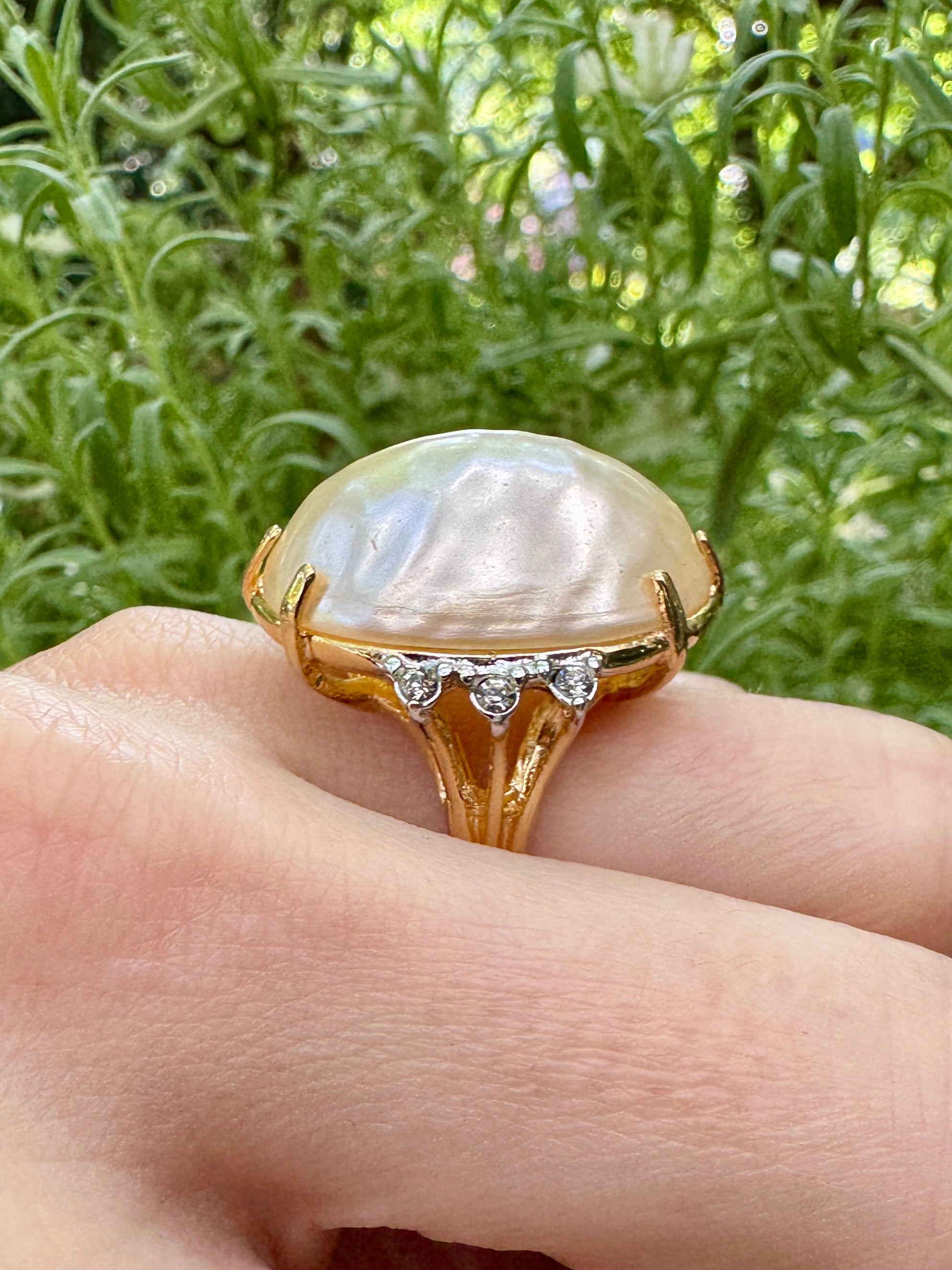 Huge Faux Pearl 18K Gold Plate Cocktail Ring Size 5