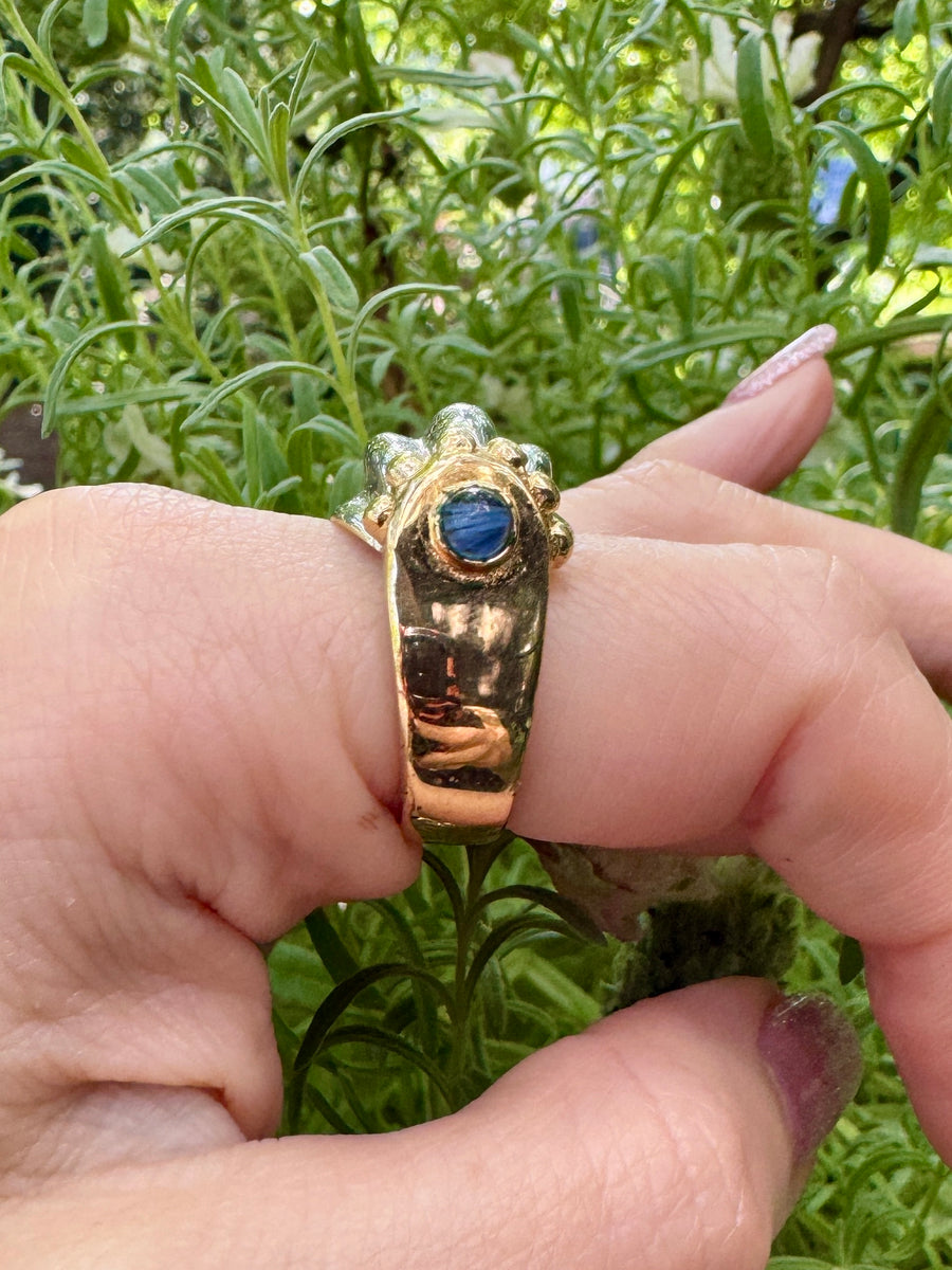 Two Tone Silver & 14K Gold Blue Cabochon Ring Size 7