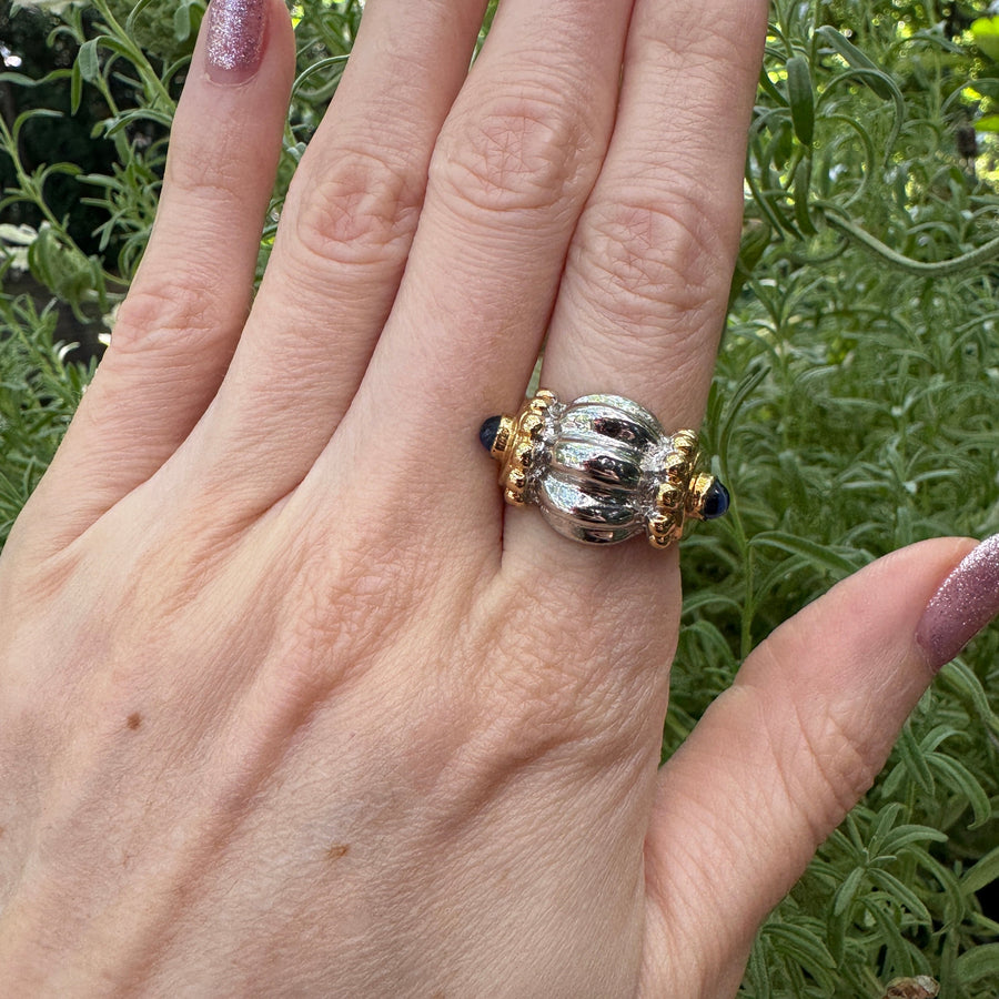 Two Tone Silver & 14K Gold Blue Cabochon Ring Size 7