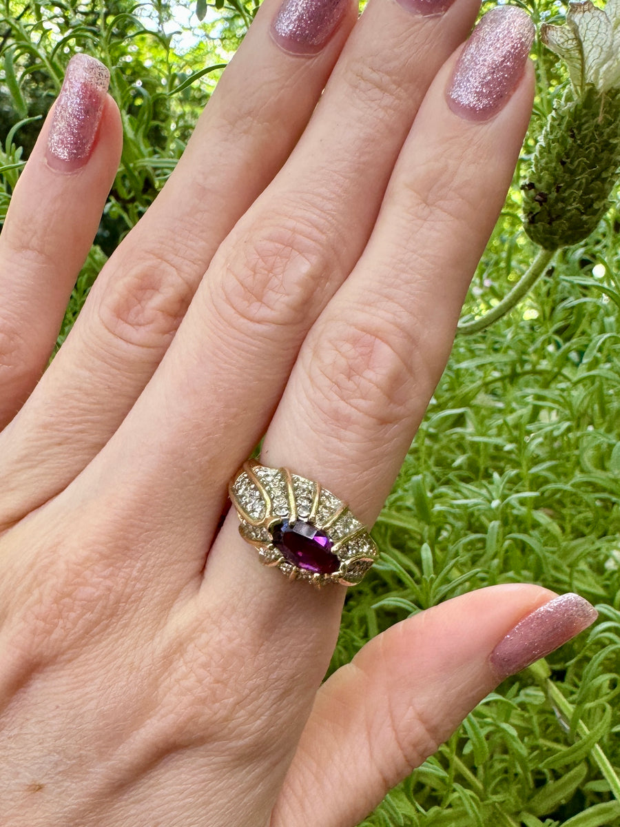 Elegant Purple Crystal & Gold Ring Size 8