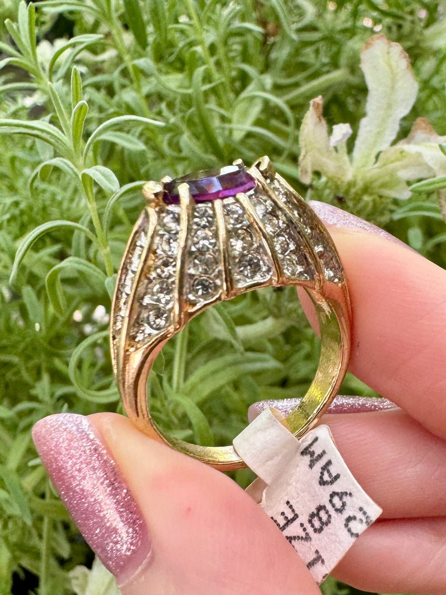 Elegant Purple Crystal & Gold Ring Size 8