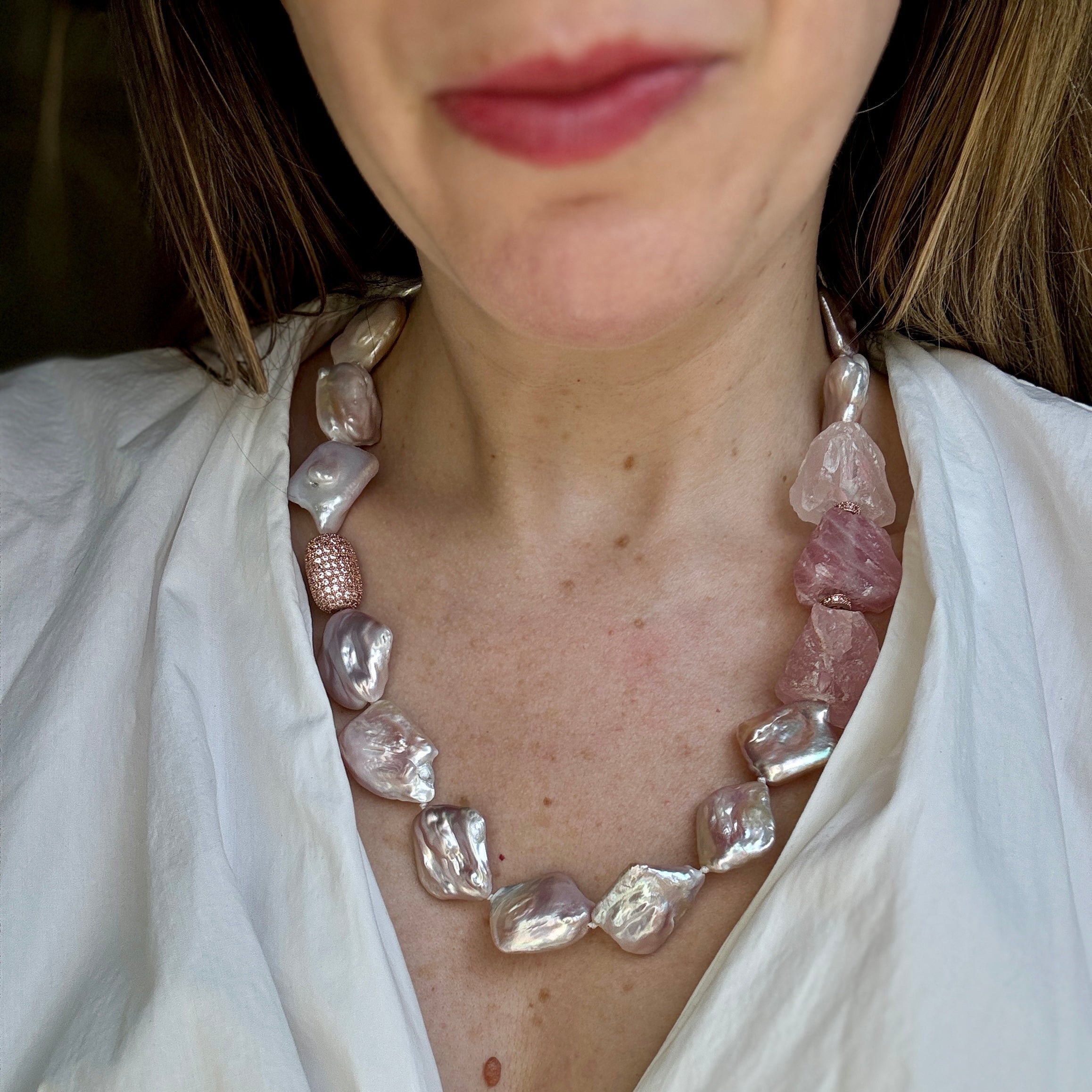 Rose Quartz and Pink Baroque Pearl Necklace