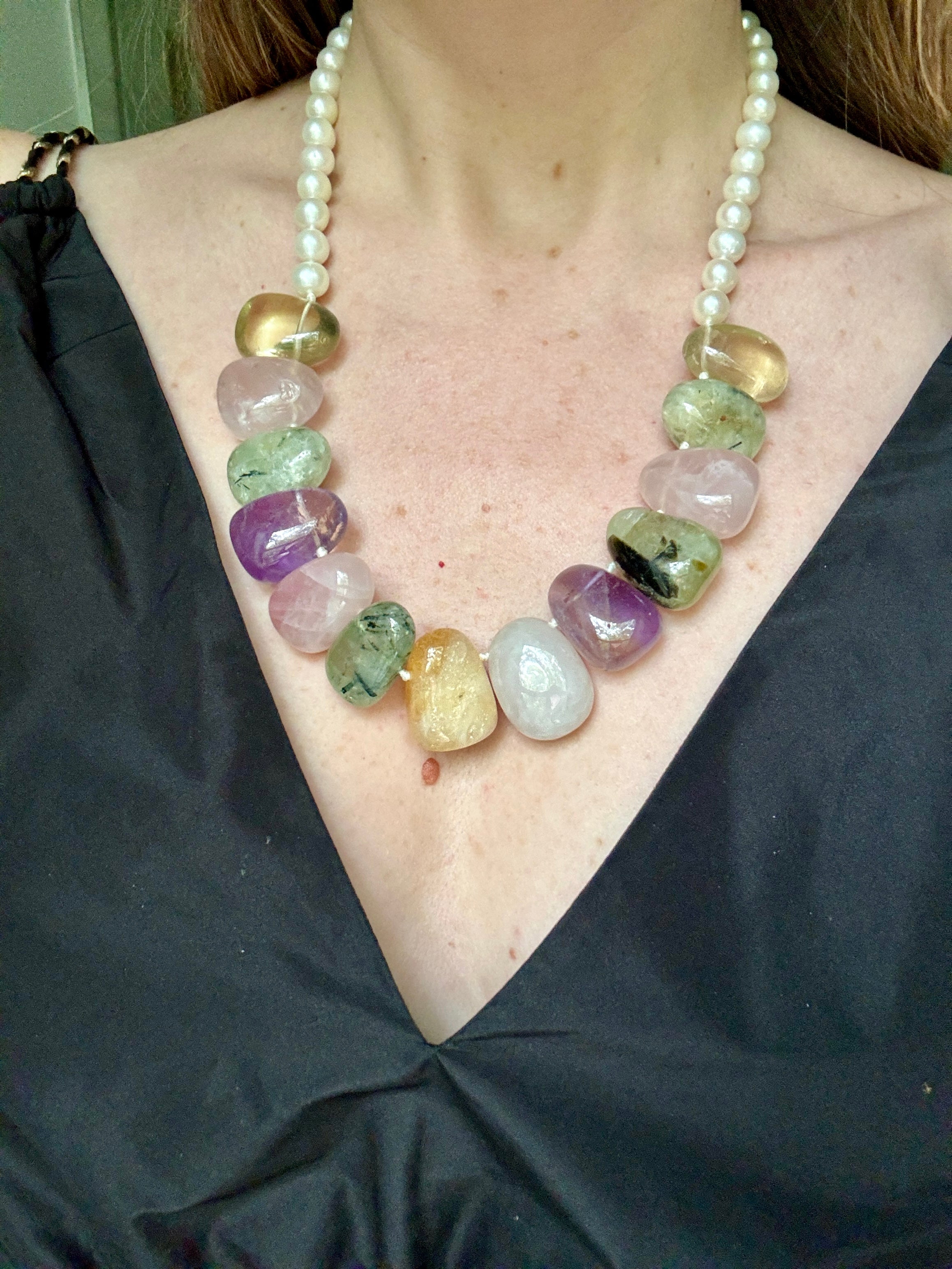 Genuine Pearl and Amethyst Rose Quartz Necklace