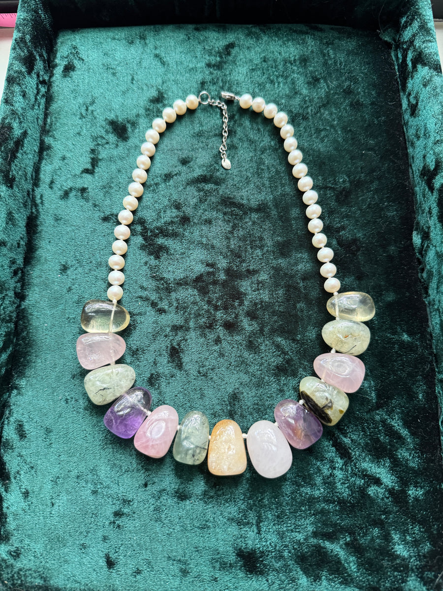 Genuine Pearl and Amethyst Rose Quartz Necklace