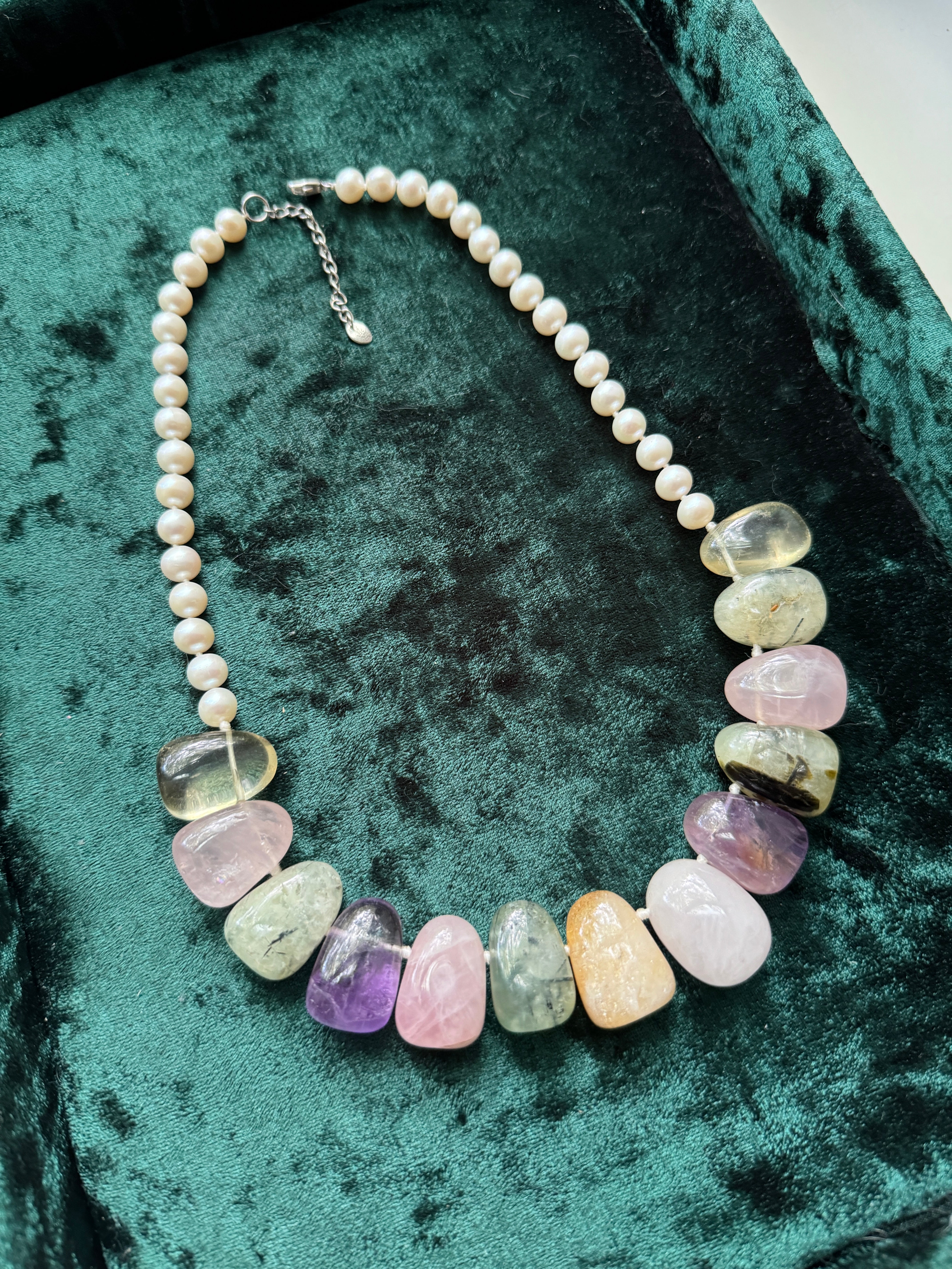 Genuine Pearl and Amethyst Rose Quartz Necklace