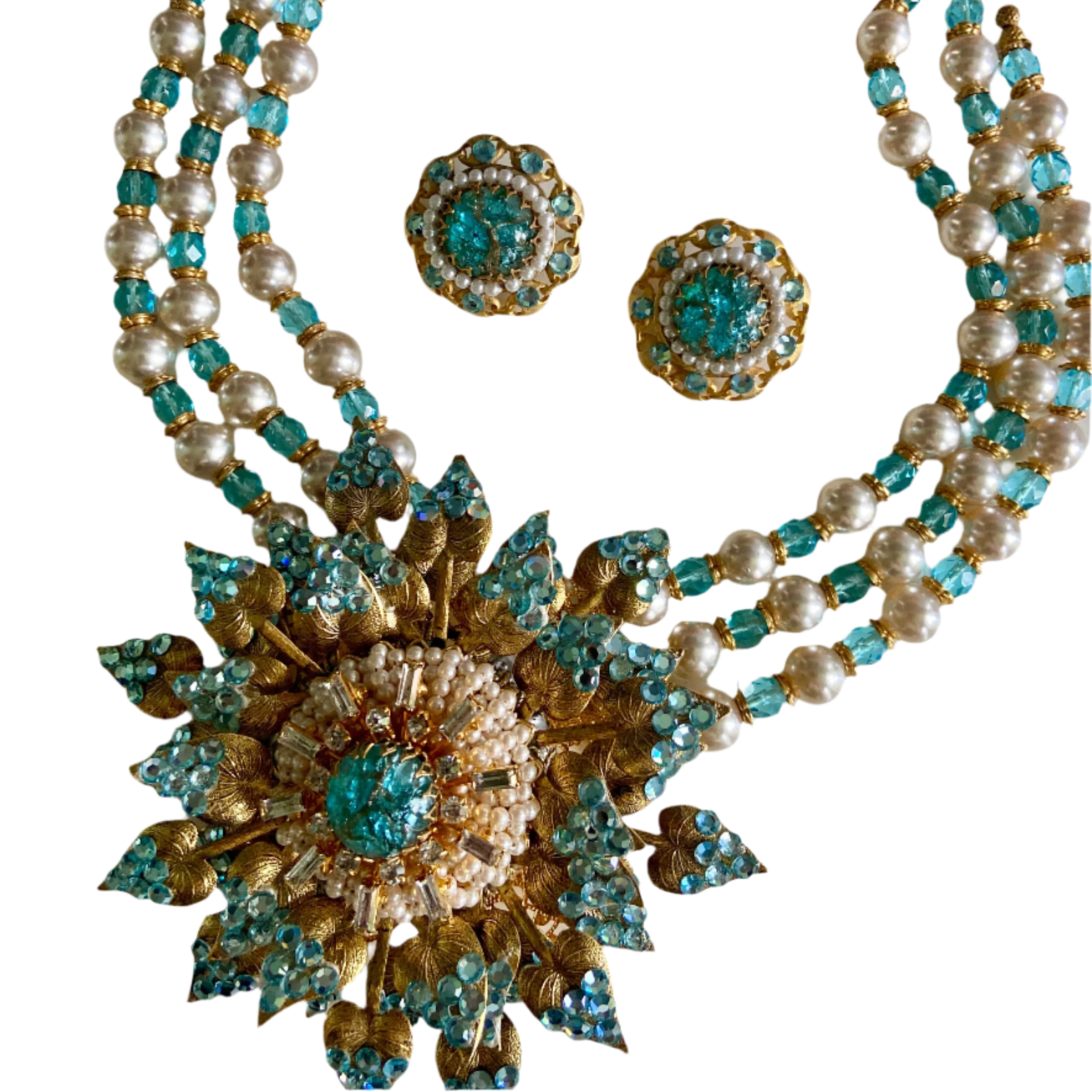 Haute Couture Lawrence VRBA Pearl Necklace, Brooch, and Earrings Set