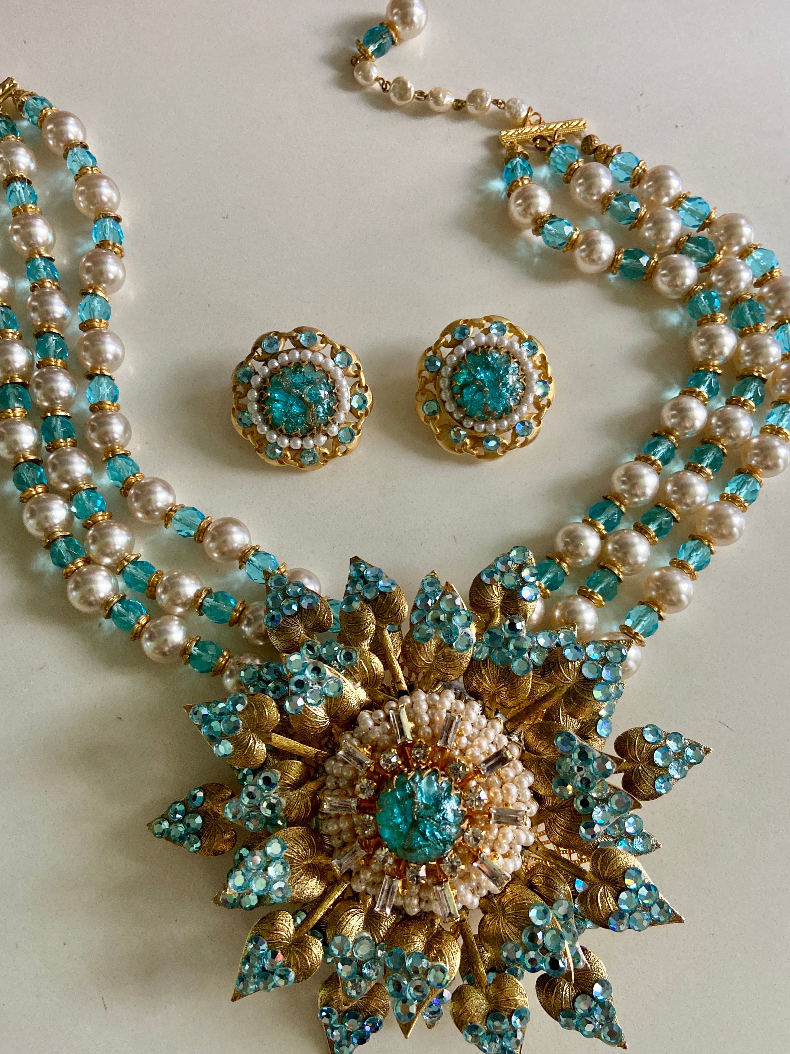 Haute Couture Lawrence VRBA Pearl Necklace, Brooch, and Earrings Set