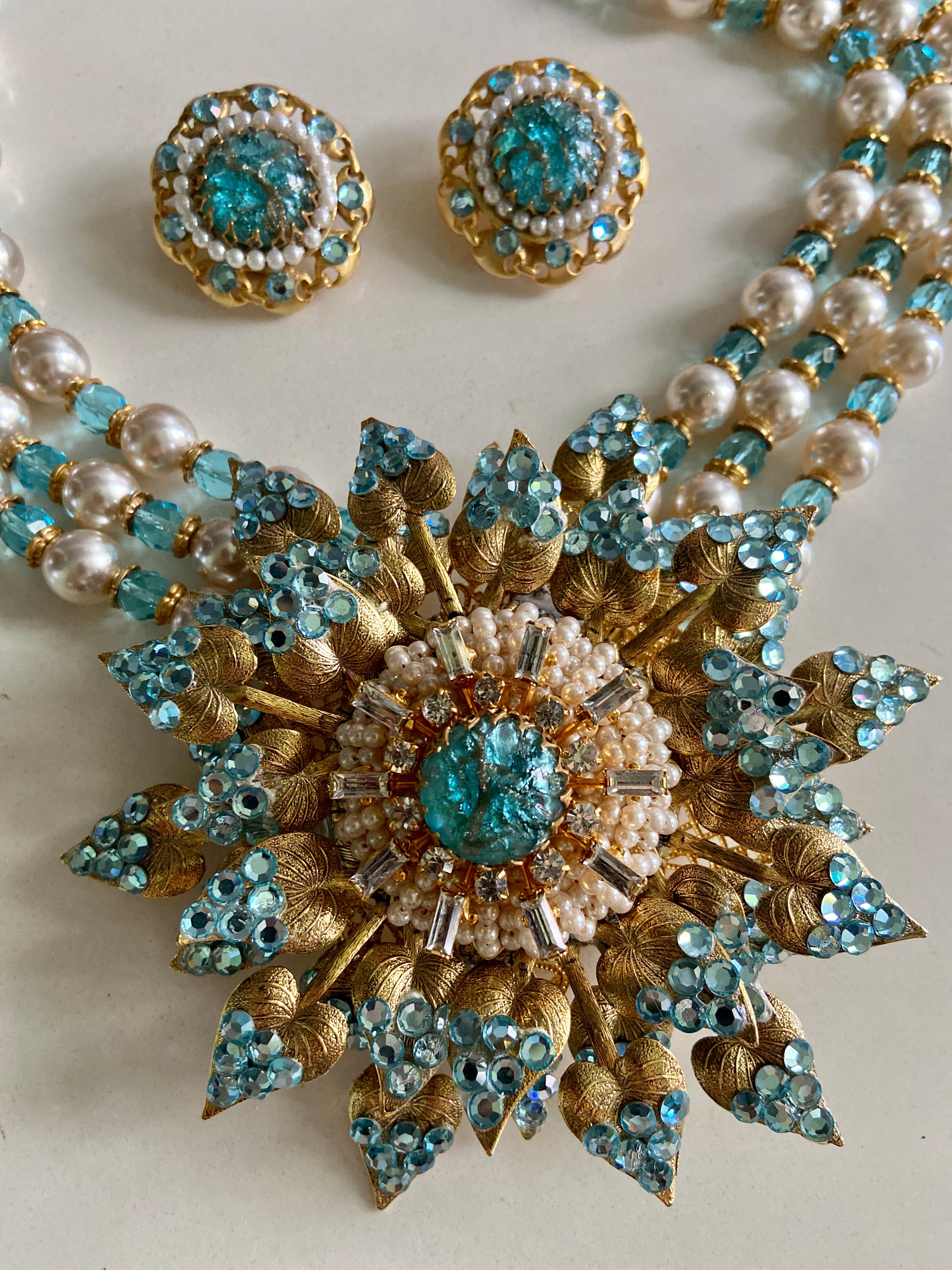 Haute Couture Lawrence VRBA Pearl Necklace, Brooch, and Earrings Set