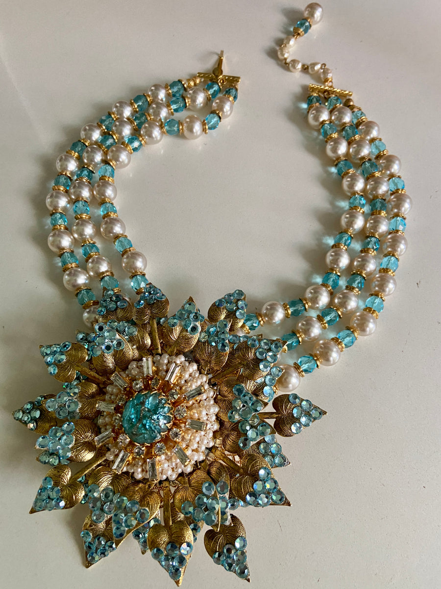 Haute Couture Runway 80s Lawrence VRBA Pearl Necklace, Brooch Earring Set