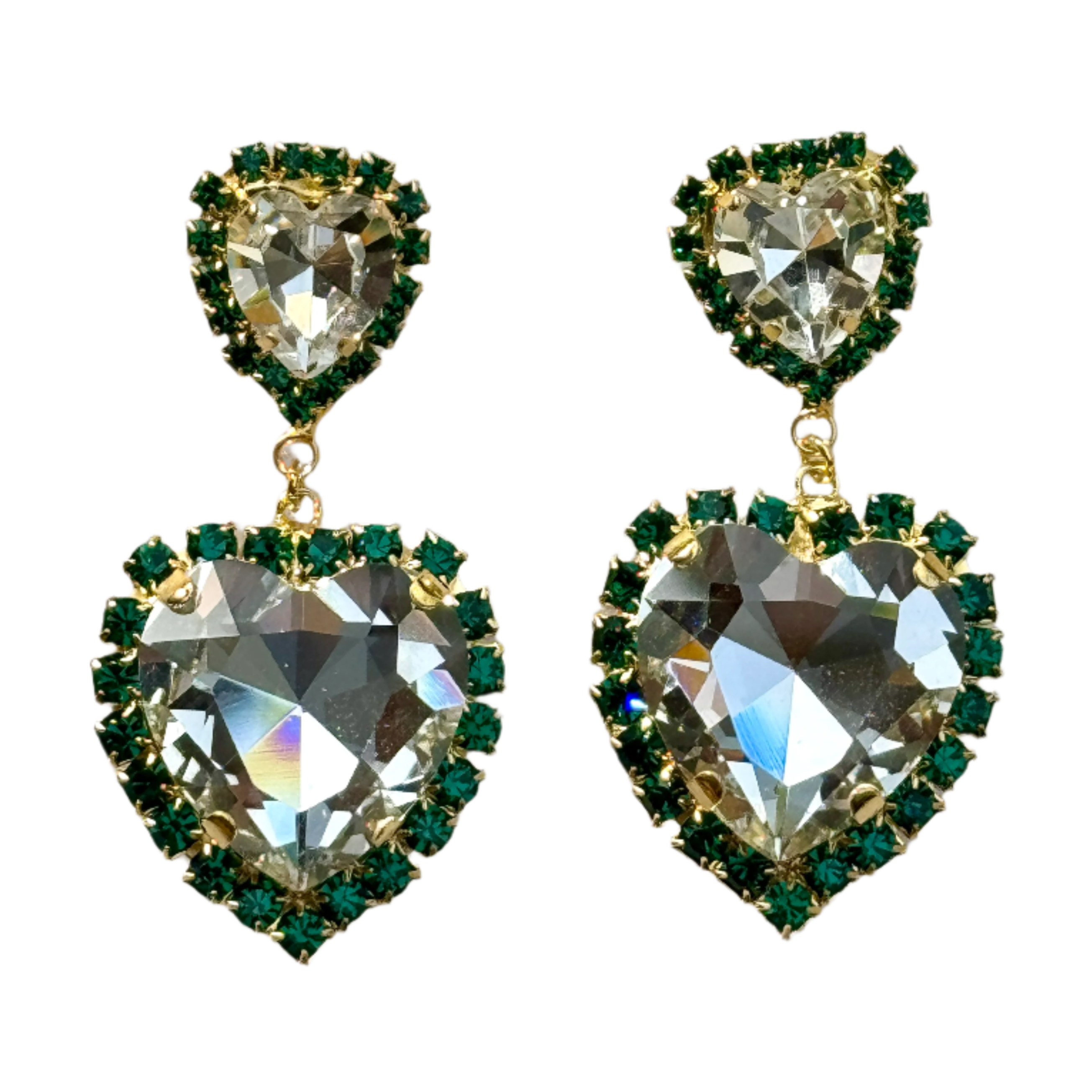 Double Heart Emerald Green Crystal Post Earrings