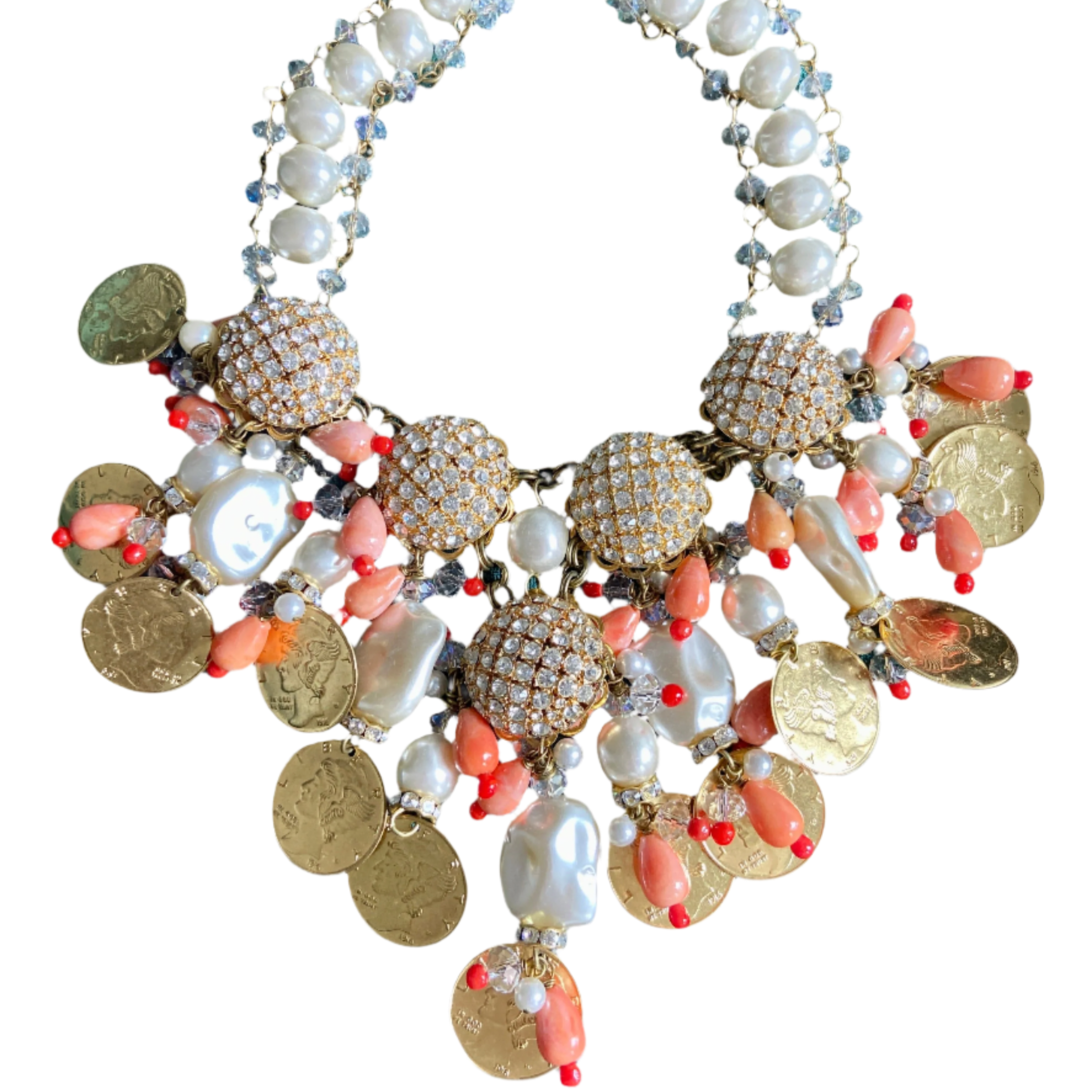 Designer VRBA Coral Coin and Pearl Necklace