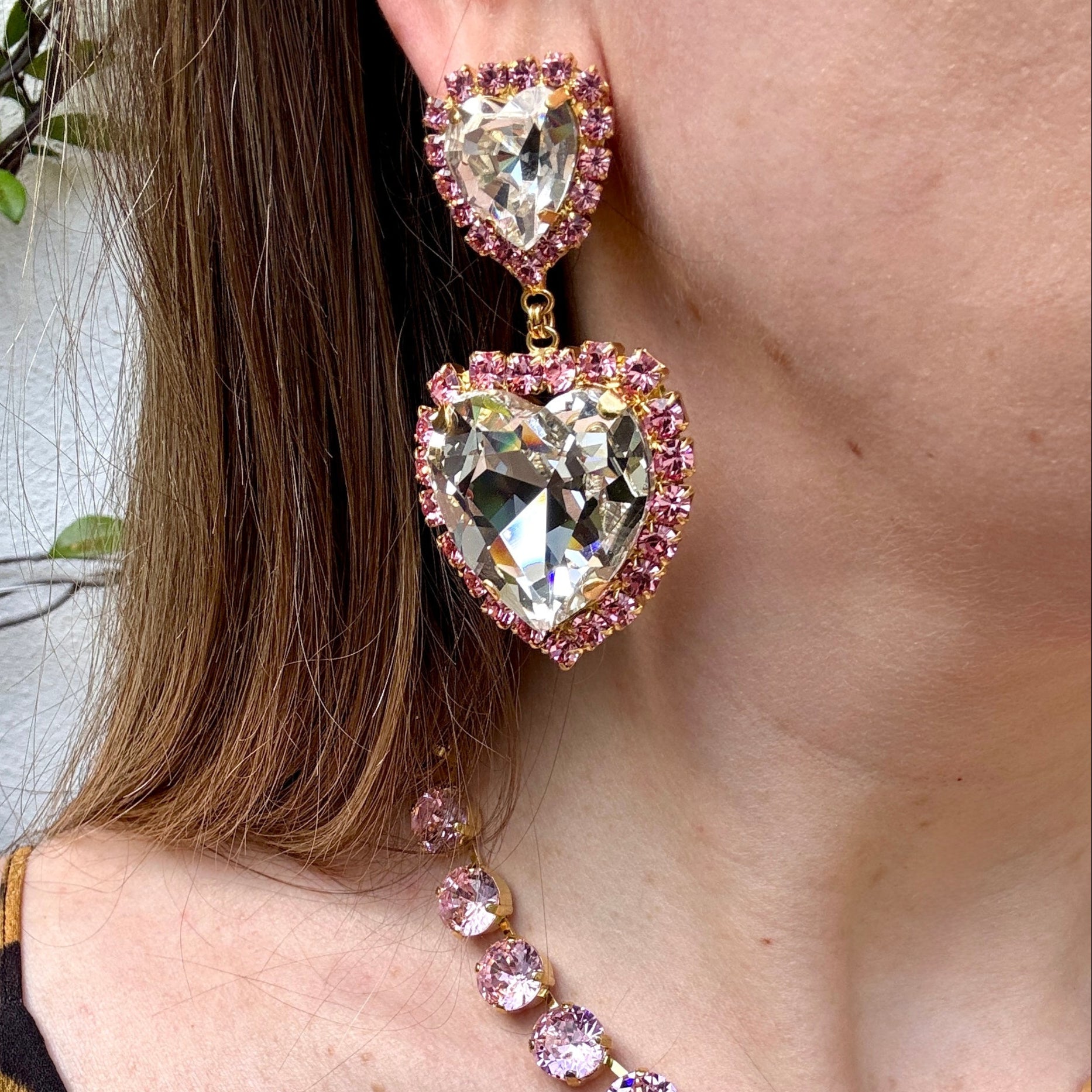 Double Heart Pink Crystal Post Earrings